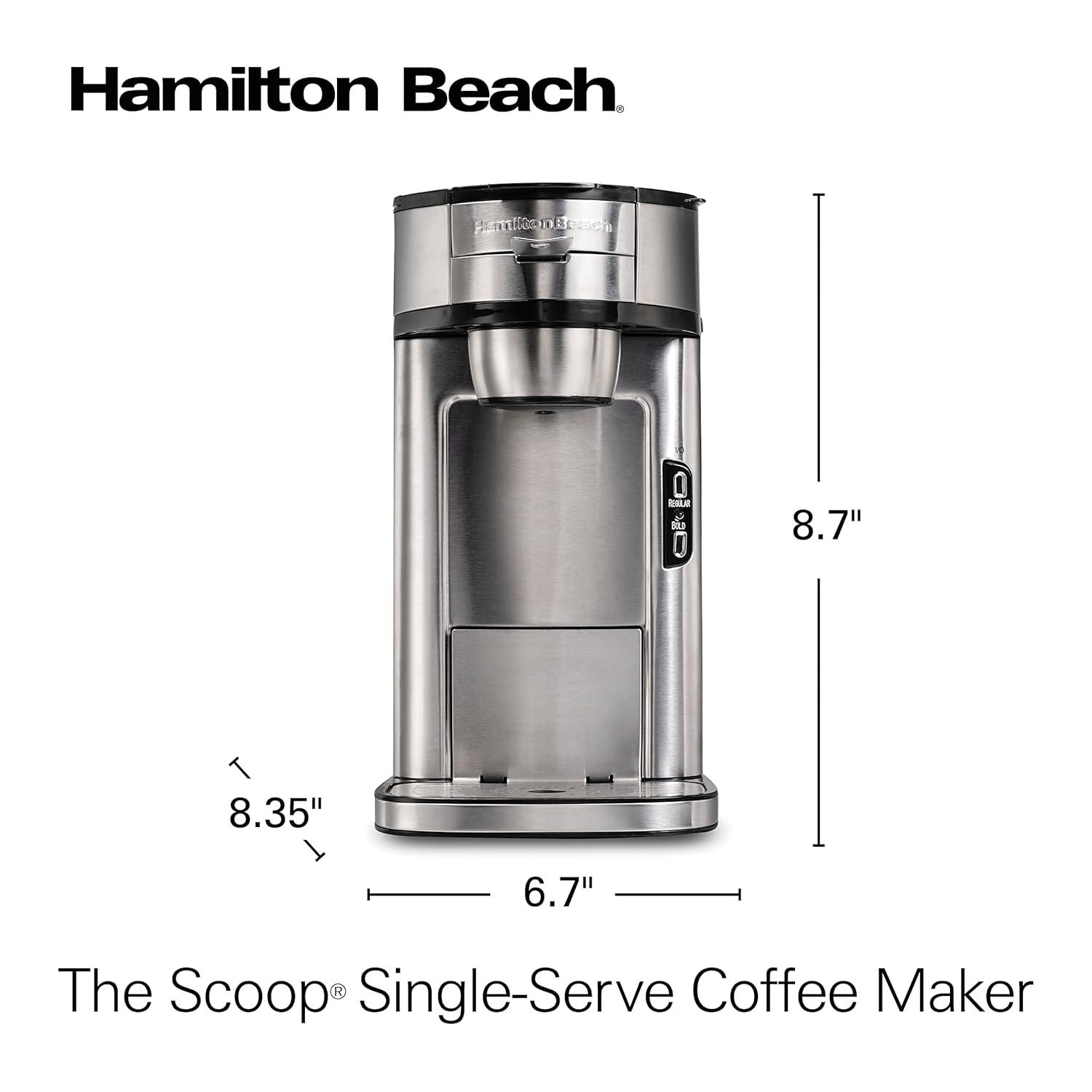 Hamilton Beach The Scoop Single Serve Coffee Maker & Fast Grounds Brewer, Brews in Minutes, 8-14oz. Cups, Stainless Steel