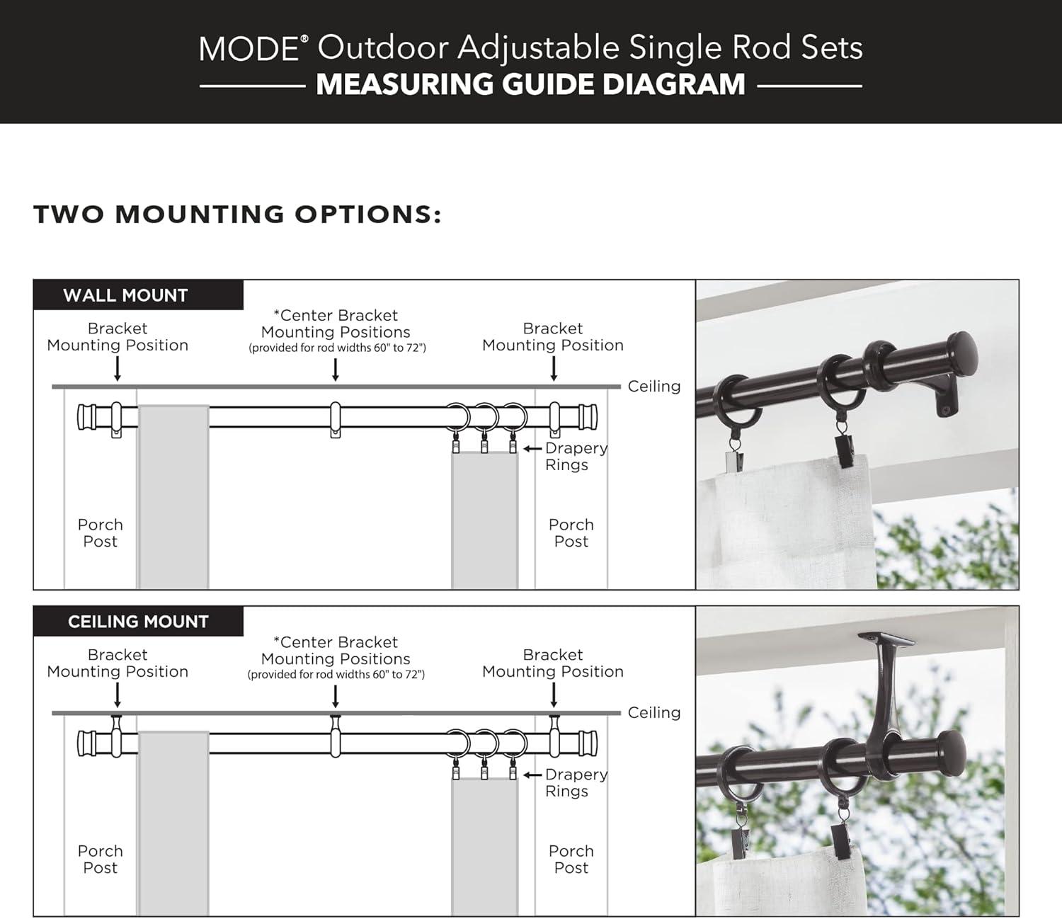 Mode Outdoor Collection 1 1/8 in Diameter Curtain Rod Set with End Cap Finials and Steel Wall Mounted Adjustable Rod