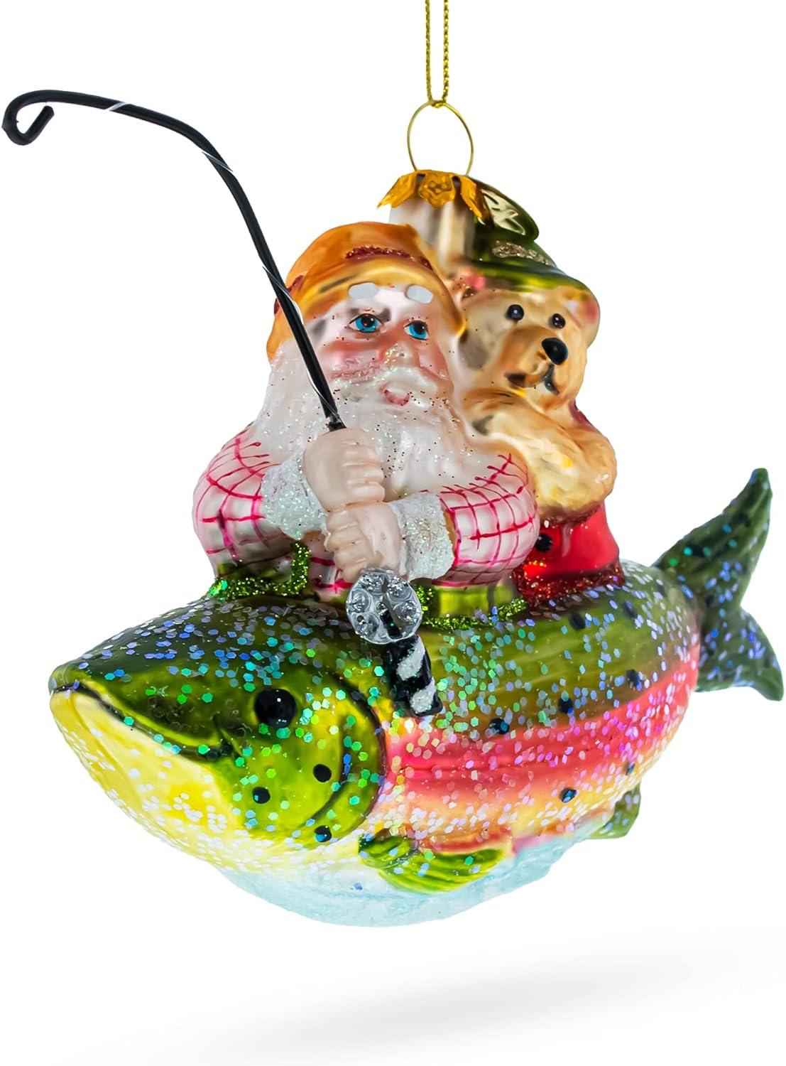 Santa Fishing on Boat Blown Glass Christmas Ornament