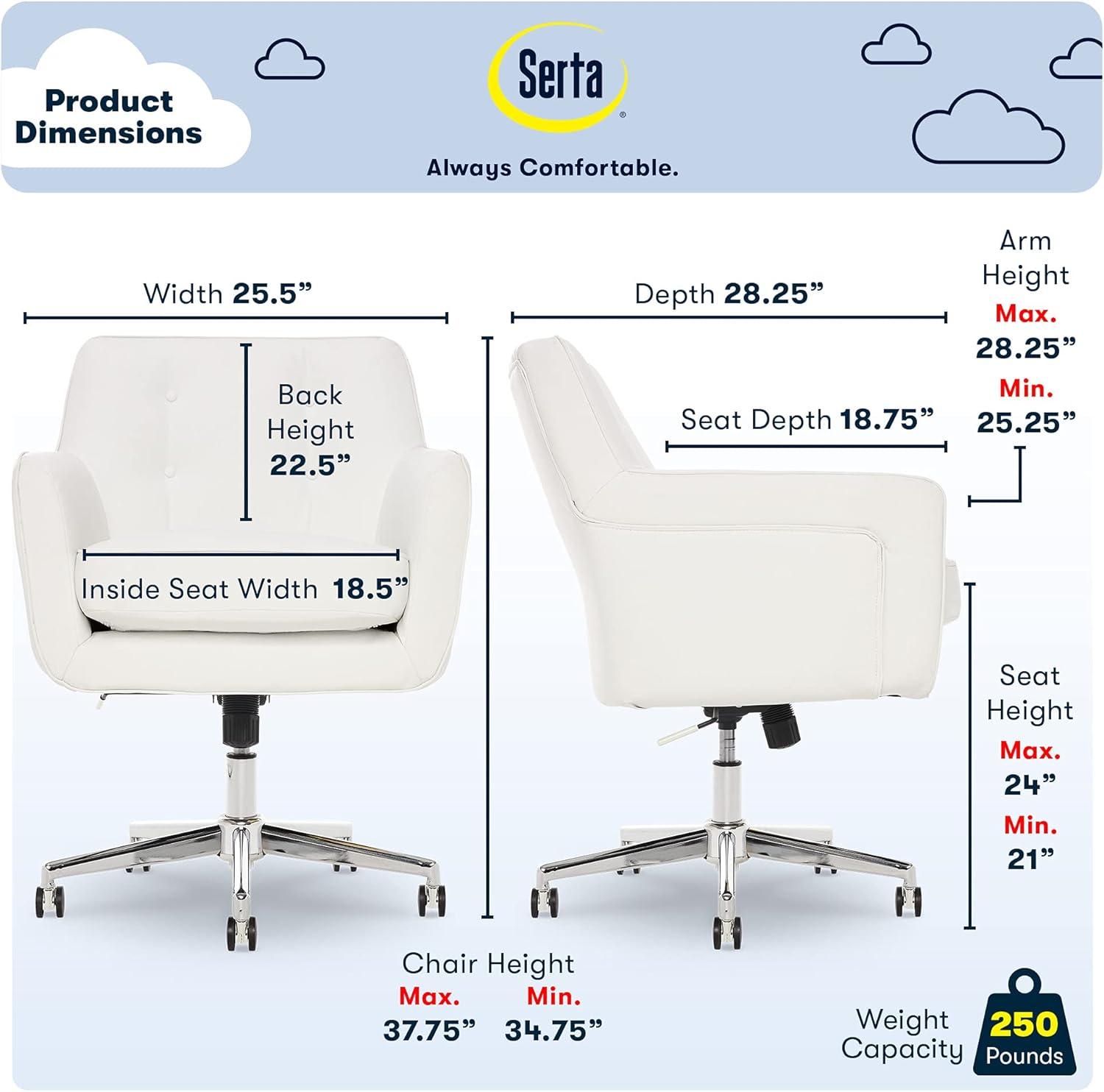 Serta Ashland Modern Office Chair, Mid-Back, Quality Memory Foam Cushion, Metal Base Chrome Finish