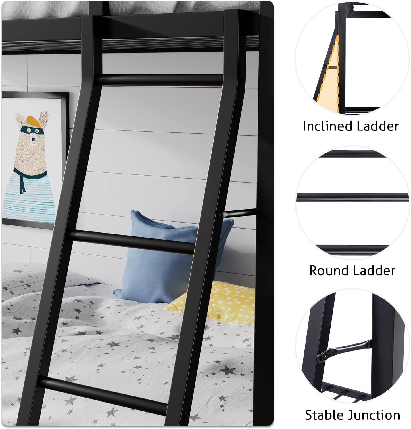 SHA CERLIN Black Twin Over Twin Metal Bunk Bed for Juniors, Industrial Frame with Inclined Stairs & Full-Length Guardrail