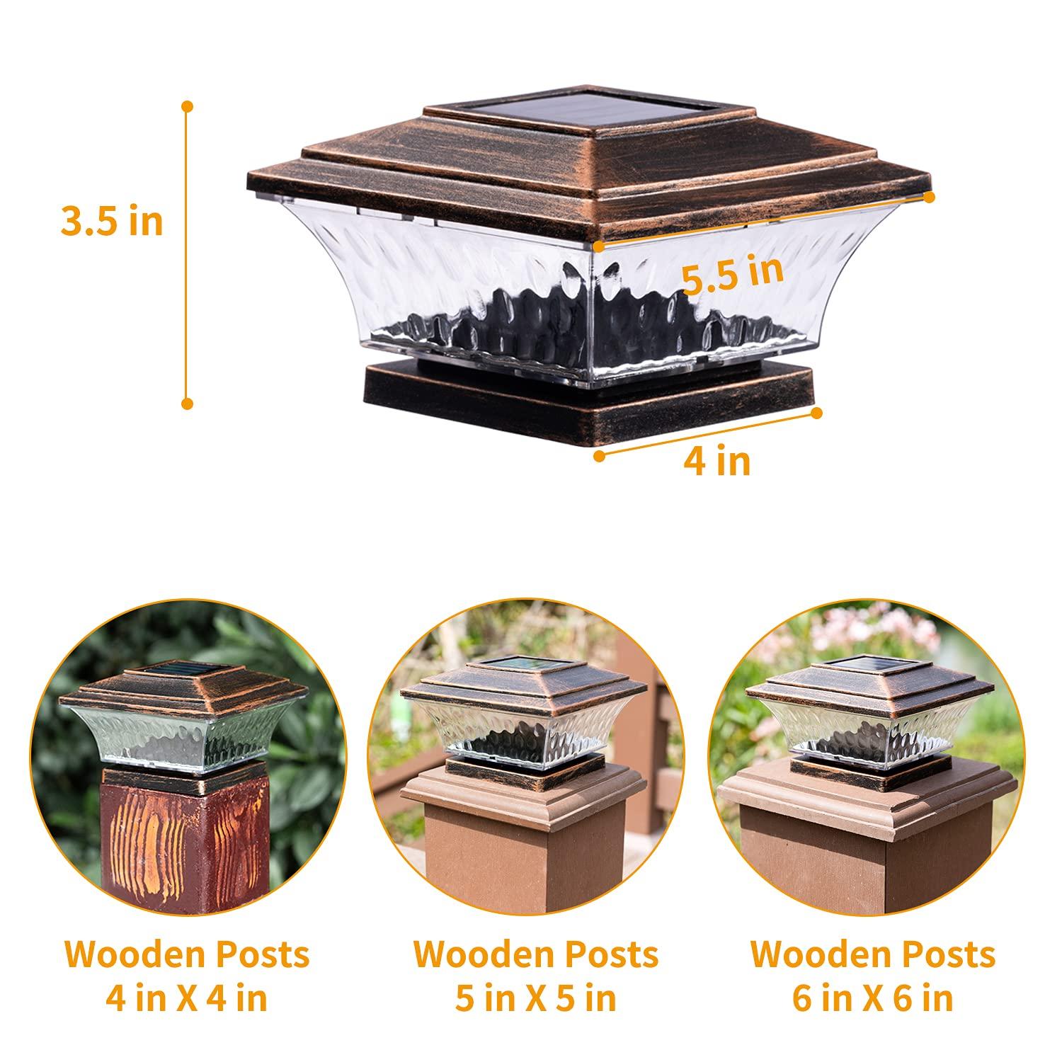 HUYIENO Solar Post Cap Lights Outdoor LED Lighting Deck Fence Cap Light Two Light Modes Warm White/Bright White Suitable for 4x4 Wooden Posts Brushed Copper 4PK