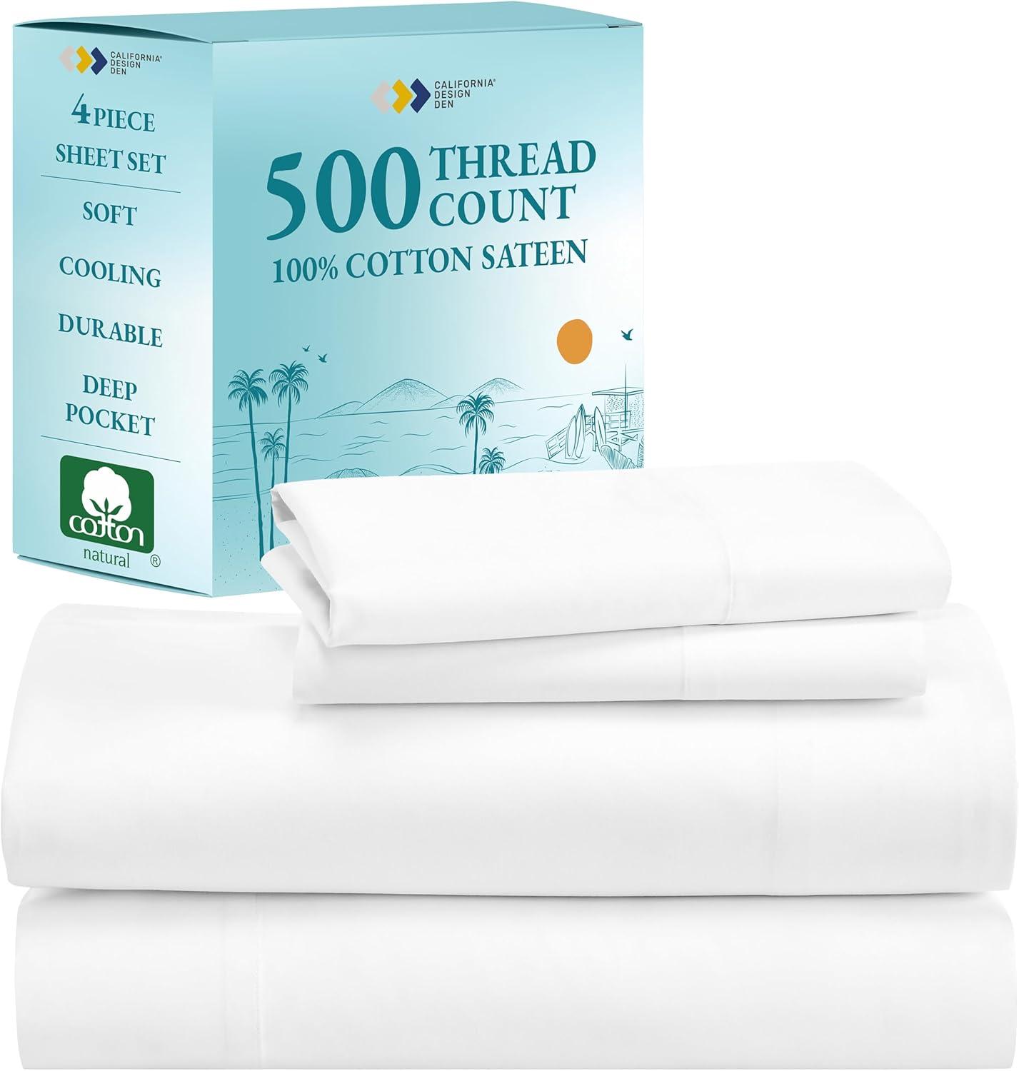 Luxury 500 Thread Count Bed Sheets Set - 100% Cotton Sateen Sheets Set, Soft, Cool & Breathable, Deep Pocket by California Design Den