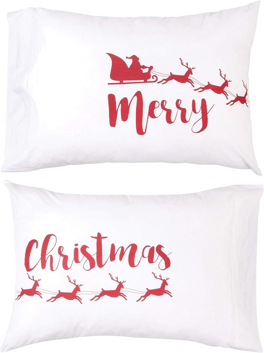 Merry Christmas Embroidered Cotton Standard/Queen Pillowcase Set