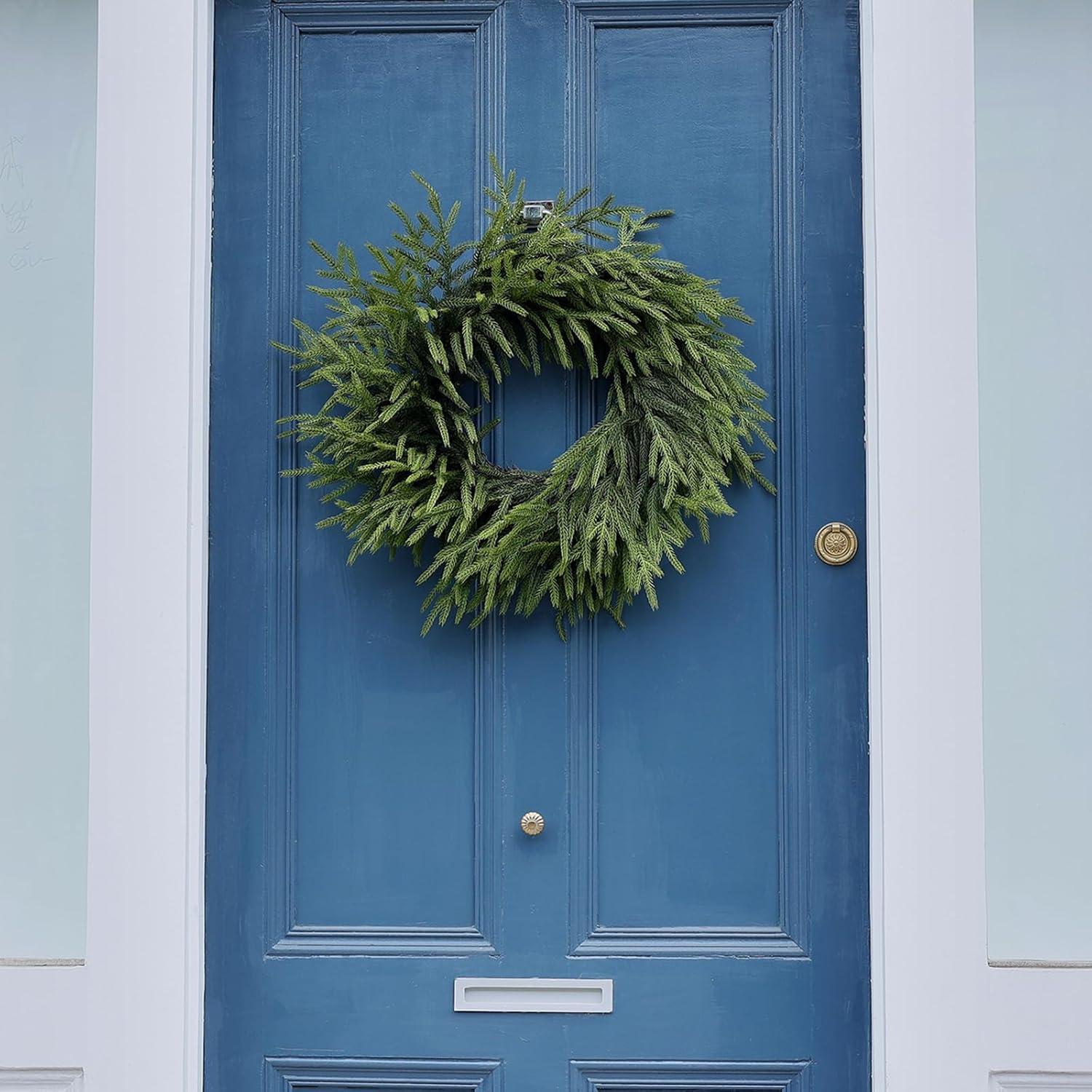 MUYIER 24" Real Touch Norfolk Pine Wreath for Front Door Artificial Christmas Wreath Green Faux Pine Wreath