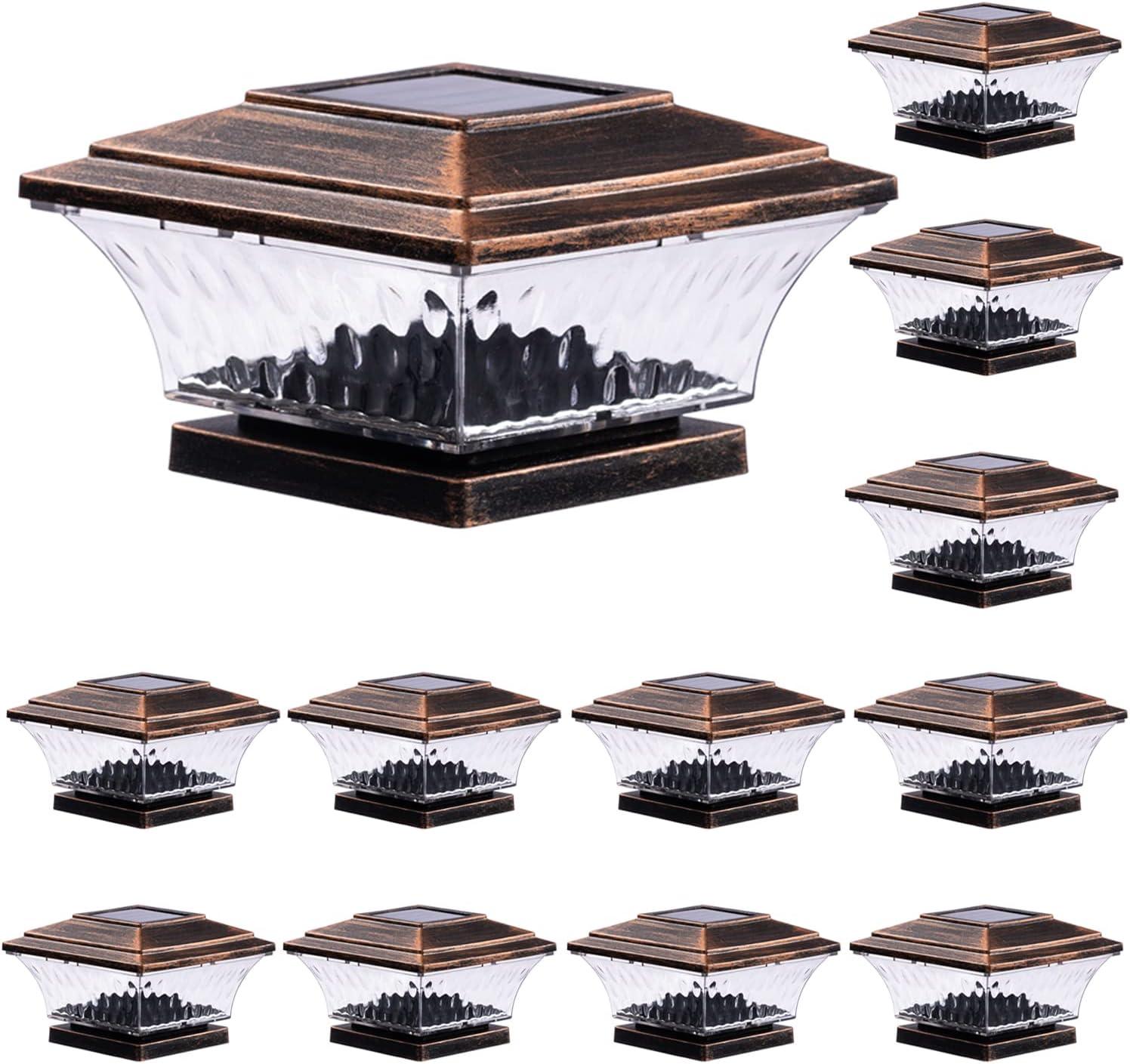 HUYIENO Solar Post Cap Lights Outdoor LED Lighting Deck Fence Cap Light Two Light Modes Warm White/Bright White Suitable for 4x4 Wooden Posts Brushed Copper 4PK