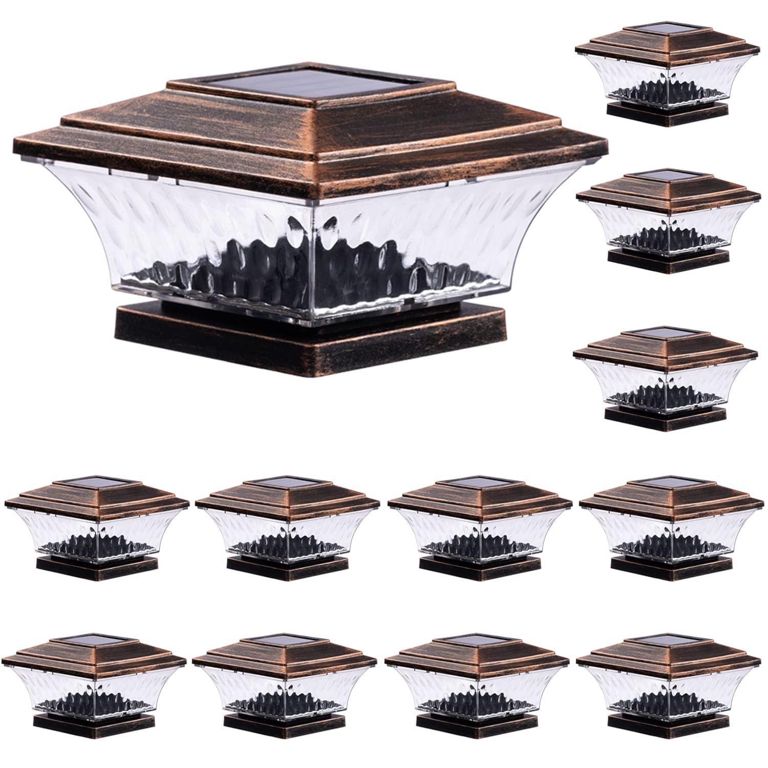 HUYIENO Solar Post Cap Lights Outdoor LED Lighting Deck Fence Cap Light Two Light Modes Warm White/Bright White Suitable for 4x4 Wooden Posts Brushed Copper 4PK