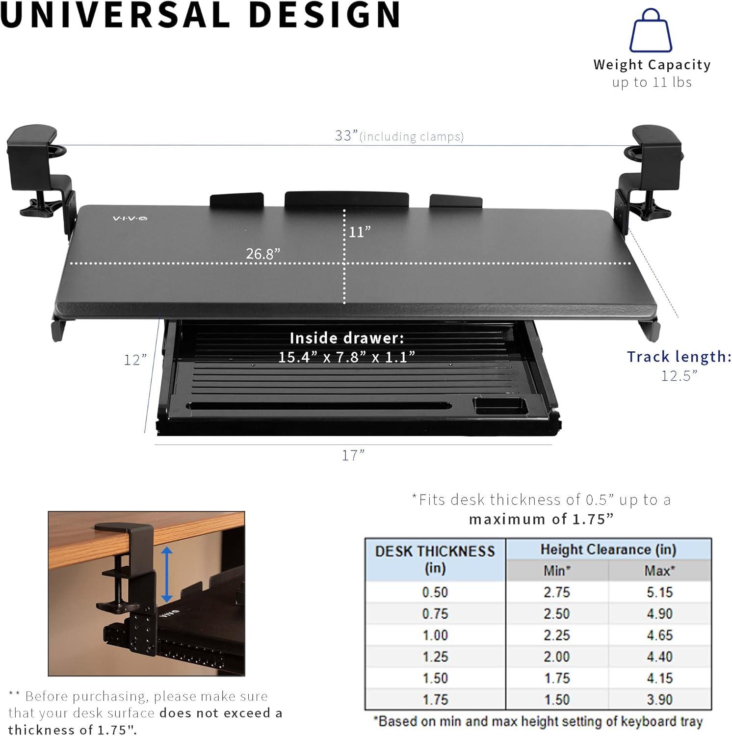 Black Adjustable Clamp-On Keyboard Tray with Pencil Drawer