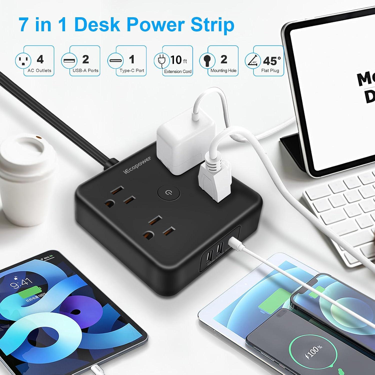 Black 4-Outlet Power Strip with USB-A and USB-C Ports