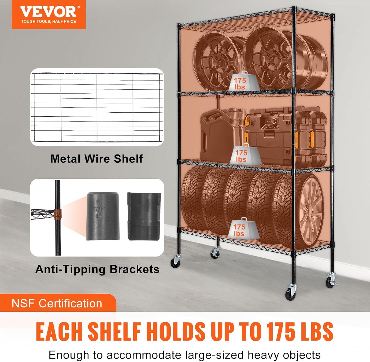 VEVOR 4-Tier Adjustable Storage Shelving Unit with Wheels, 700 lbs Capacity, Heavy Duty Metal Wire Rack