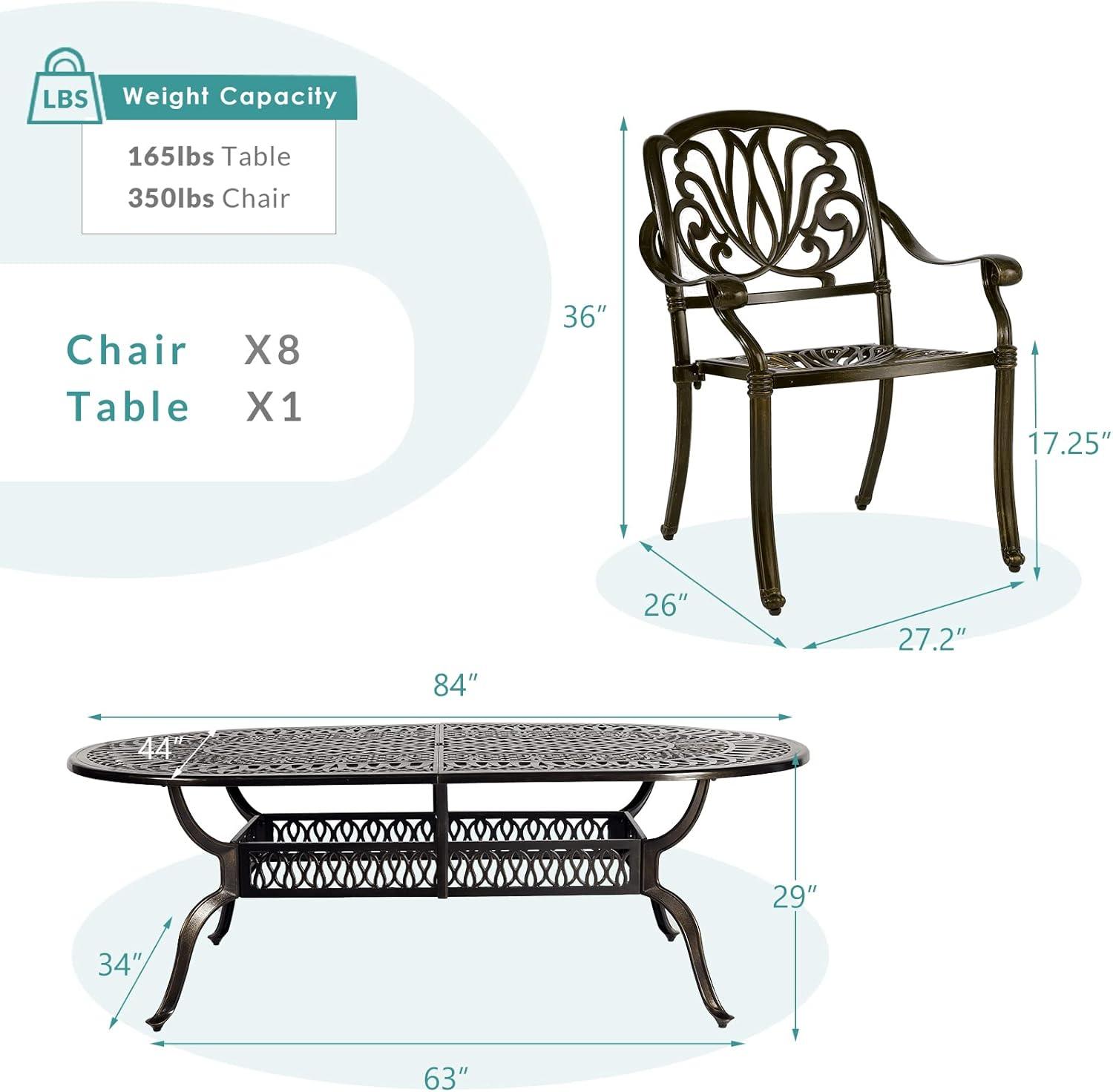 Dark Bronze 9-Piece Cast Aluminum Outdoor Dining Set with Umbrella Hole