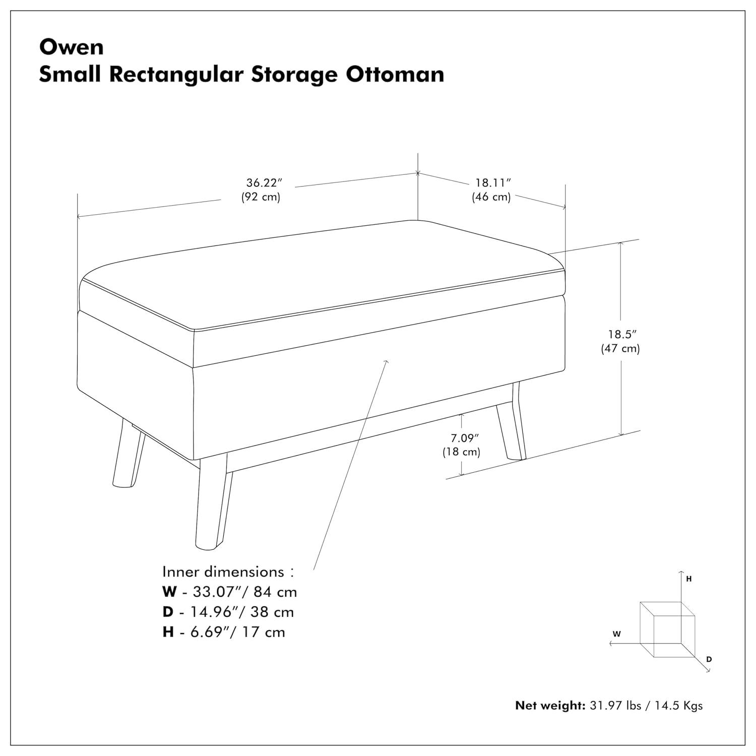 Simpli Home Owen 36"W Small Upholstered Storage Ottoman with Lift Top and Solid Wood Legs