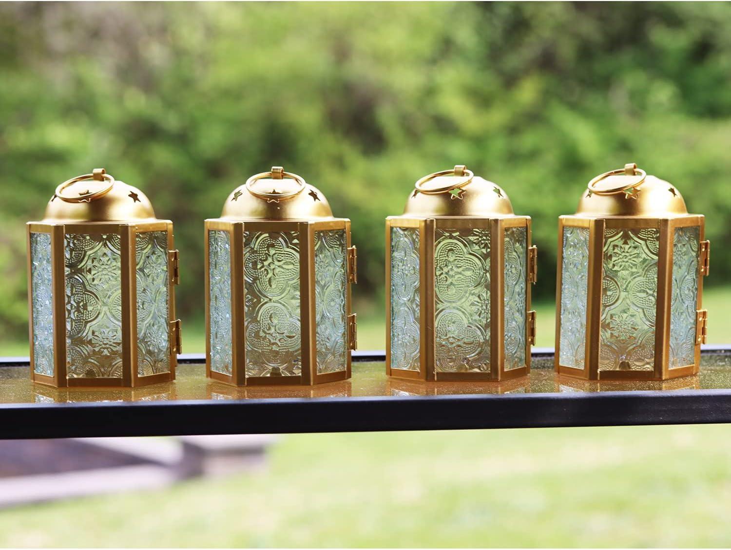 VELA LANTERNS Mini Moroccan Tea Light Candle Holder Lanterns – 4.25" Small Decorative Lantern for Table or Hanging, Metal with Glass Panels – Ramadan, Wedding, Home Decor, Gold (Set of 4)
