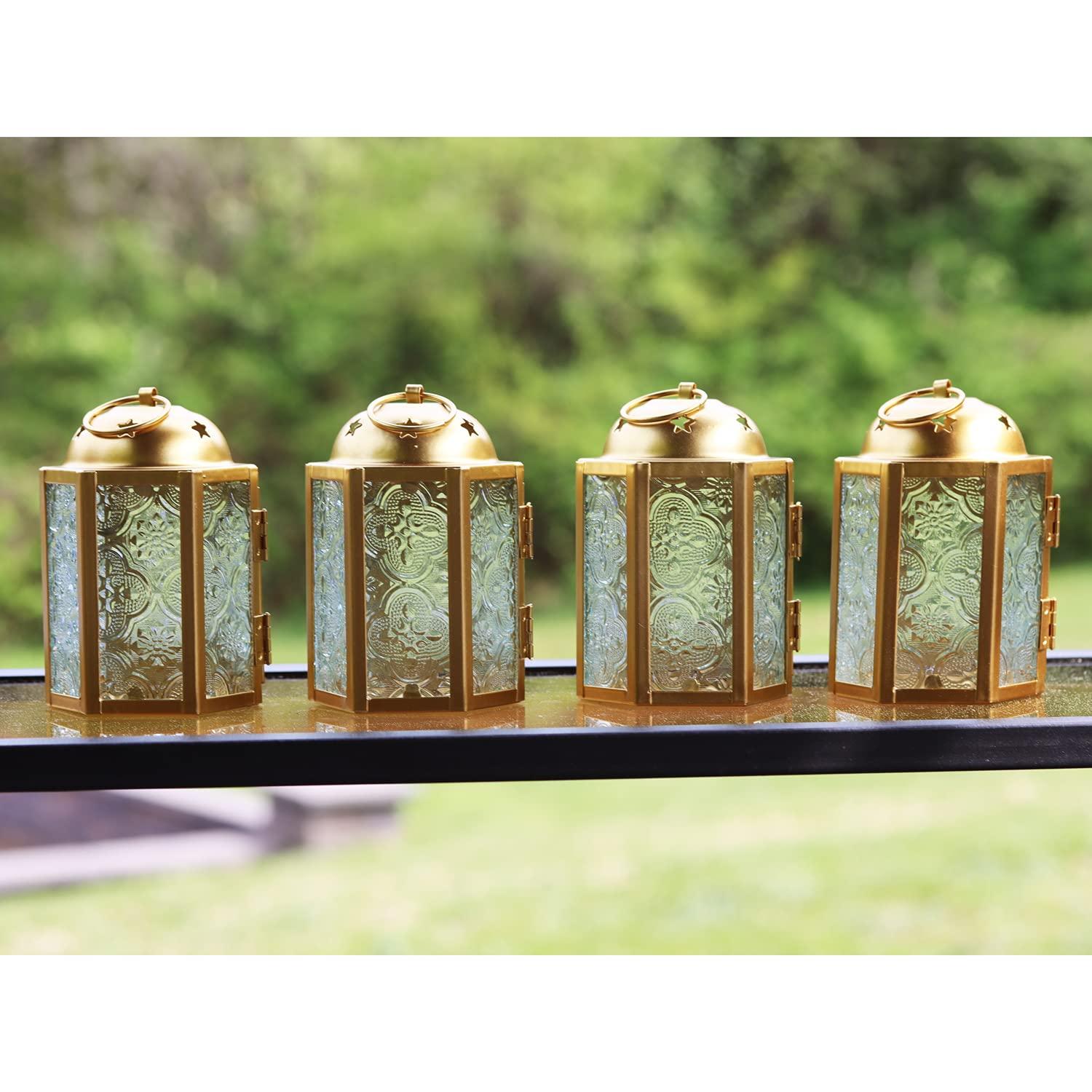 VELA LANTERNS Mini Moroccan Tea Light Candle Holder Lanterns – 4.25" Small Decorative Lantern for Table or Hanging, Metal with Glass Panels – Ramadan, Wedding, Home Decor, Gold (Set of 4)