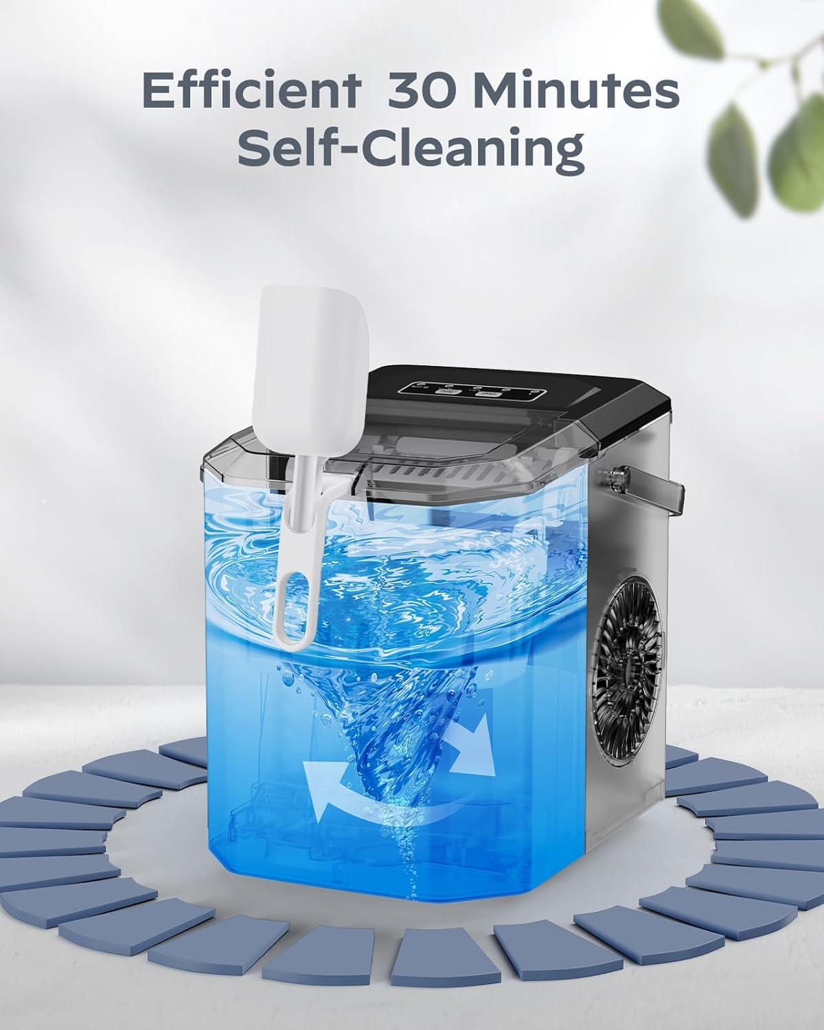 Silonn Ice Maker Countertop, Portable Ice Machine with Carry Handle, Self-Cleaning Ice Makers with Basket and Scoop, 9 Cubes in 6 Mins, 26 lbs per Day, Ideal for Home, Kitchen, Camping, RV