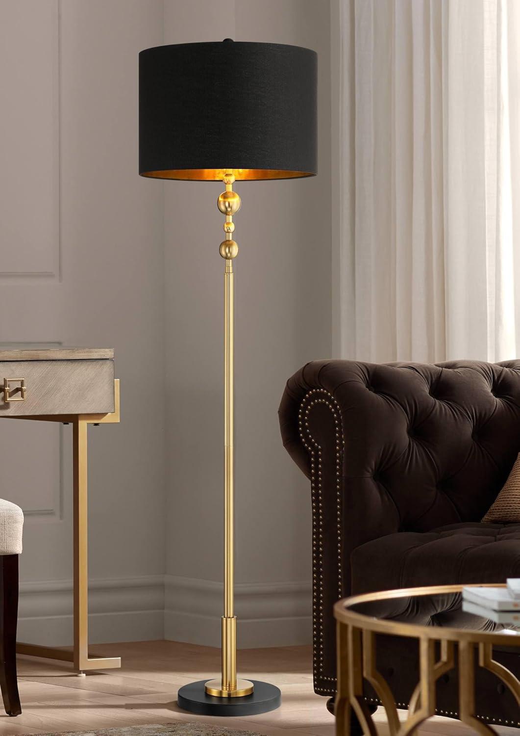 360 Lighting Harlowe Modern Glam Luxury 63" Tall Standing Floor Lamp Skinny Pole Metal Gold Finish Living Room Bedroom House Reading Drum Black Shade