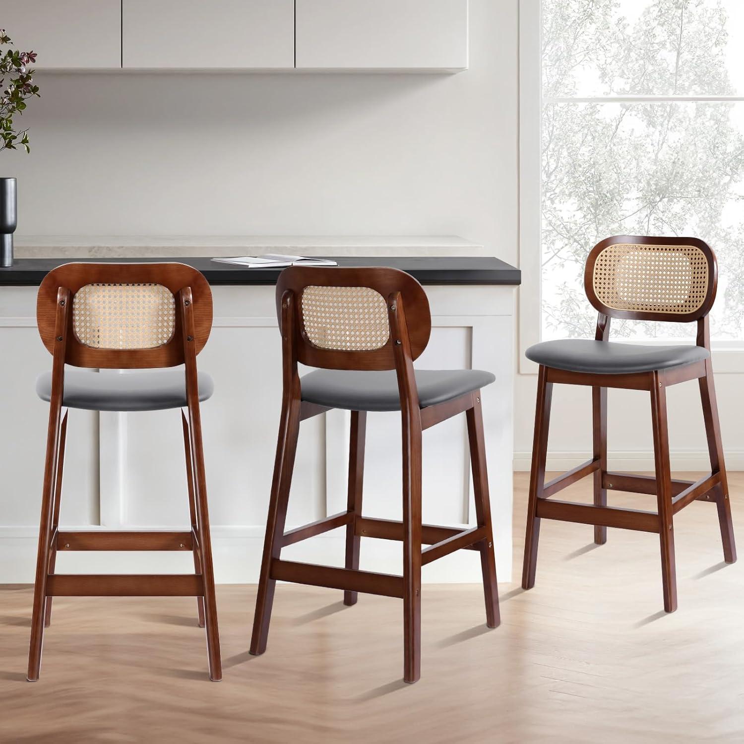 Lucky Monet 25.2" Upholstered Wood Counter Height Bar Stools w/ Rattan Back - 36.81"H x 17.72"W x 18.7"D Set of 3 - White Boucle Fabric/ Natural Frame