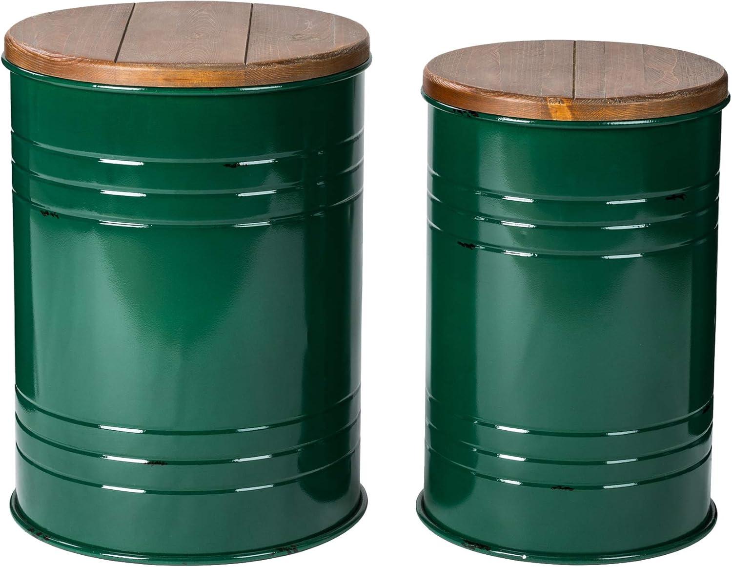 Glitzhome Rustic End Table Set of 2, Farmhouse Galvanized Metal Barrel Ottoman Storage Stool with Round Wood Lid for Living Room Furniture, Hunter Green
