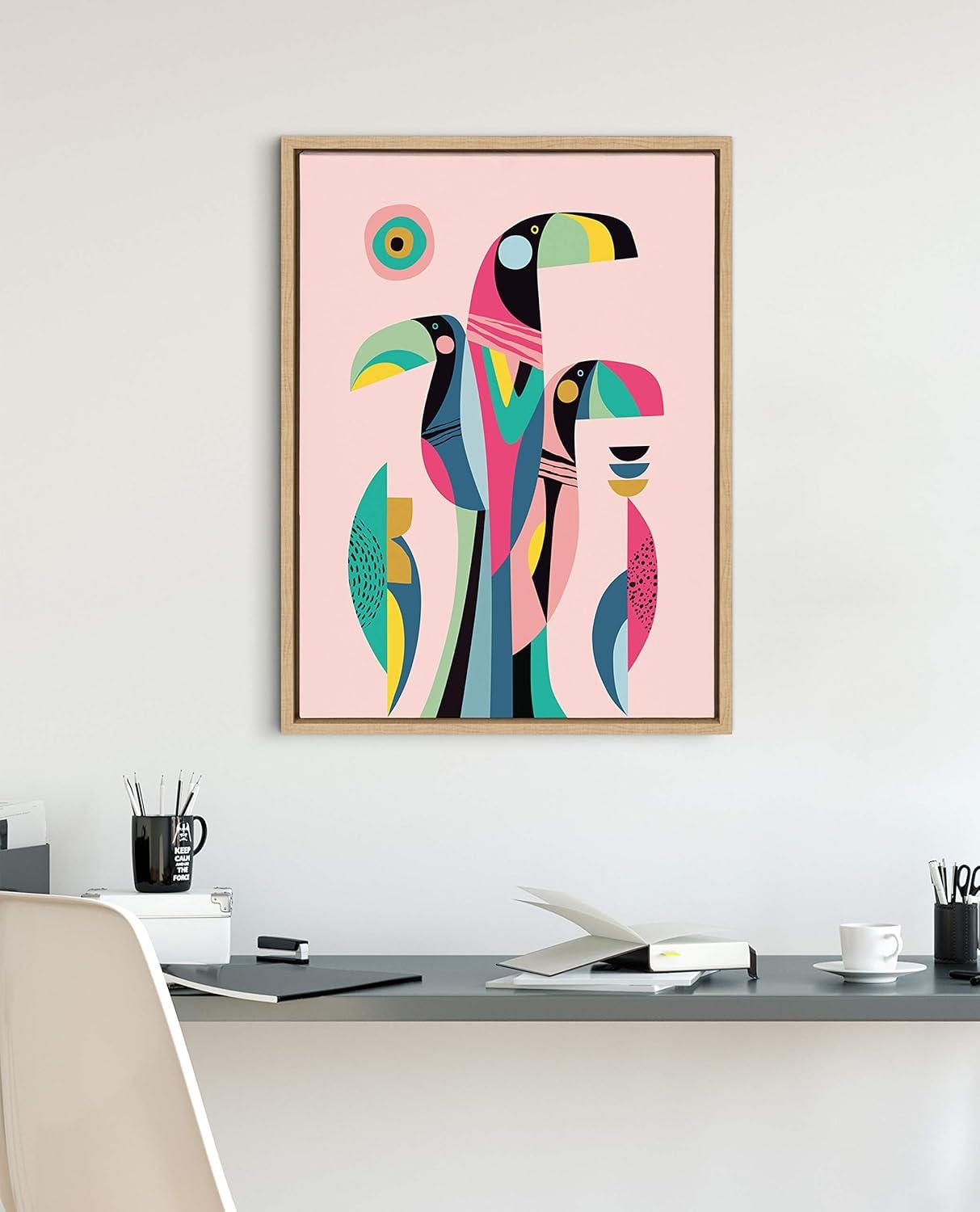 Mid Century Modern Tropical Toucan Canvas Wall Art in Natural Frame