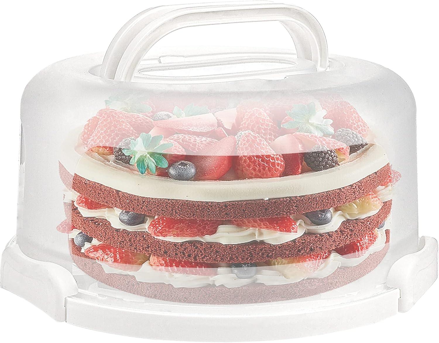 Cake Carrier with Collapsible Handle - White Cake Container and Holder with Lid