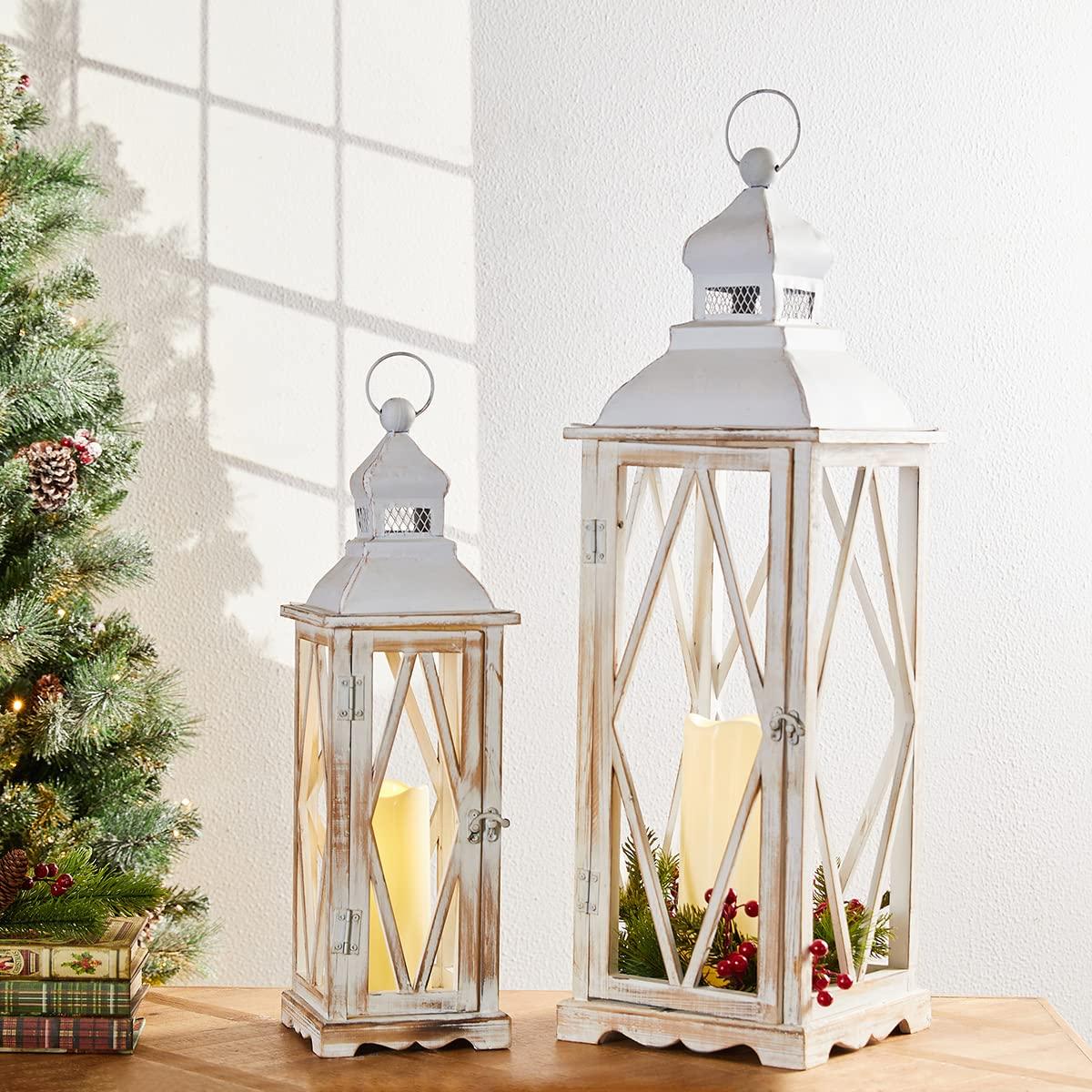 Farmhouse Wood Metal Lanterns Decorative Hanging Candle Lanterns White Set of 2 (No Glass)