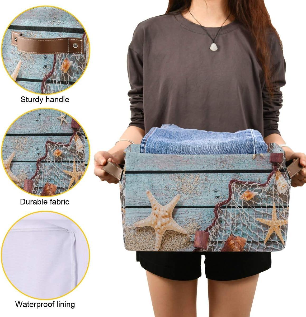 AUUXVA Summer Beach Sand Storage Basket Bin Rustic Wooden Starfish Large Fabric Toys Storage Cube Box with Handles Collapsible Closet Shelf Cloth Organizer Basket for Nursery Bedroom Bathroom
