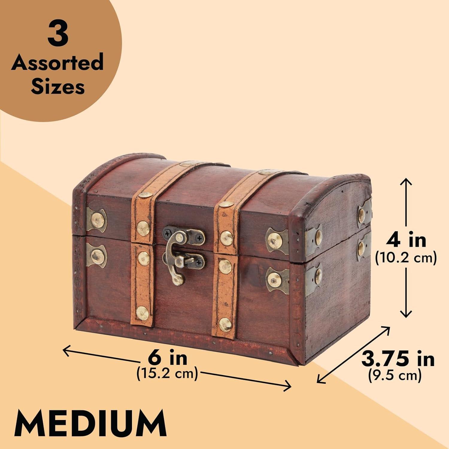 Juvale Set of 3 Small Wooden Treasure Chest Boxes, Decorative Vintage Style Storage Boxes for Jewelry Keepsakes (3 Sizes)