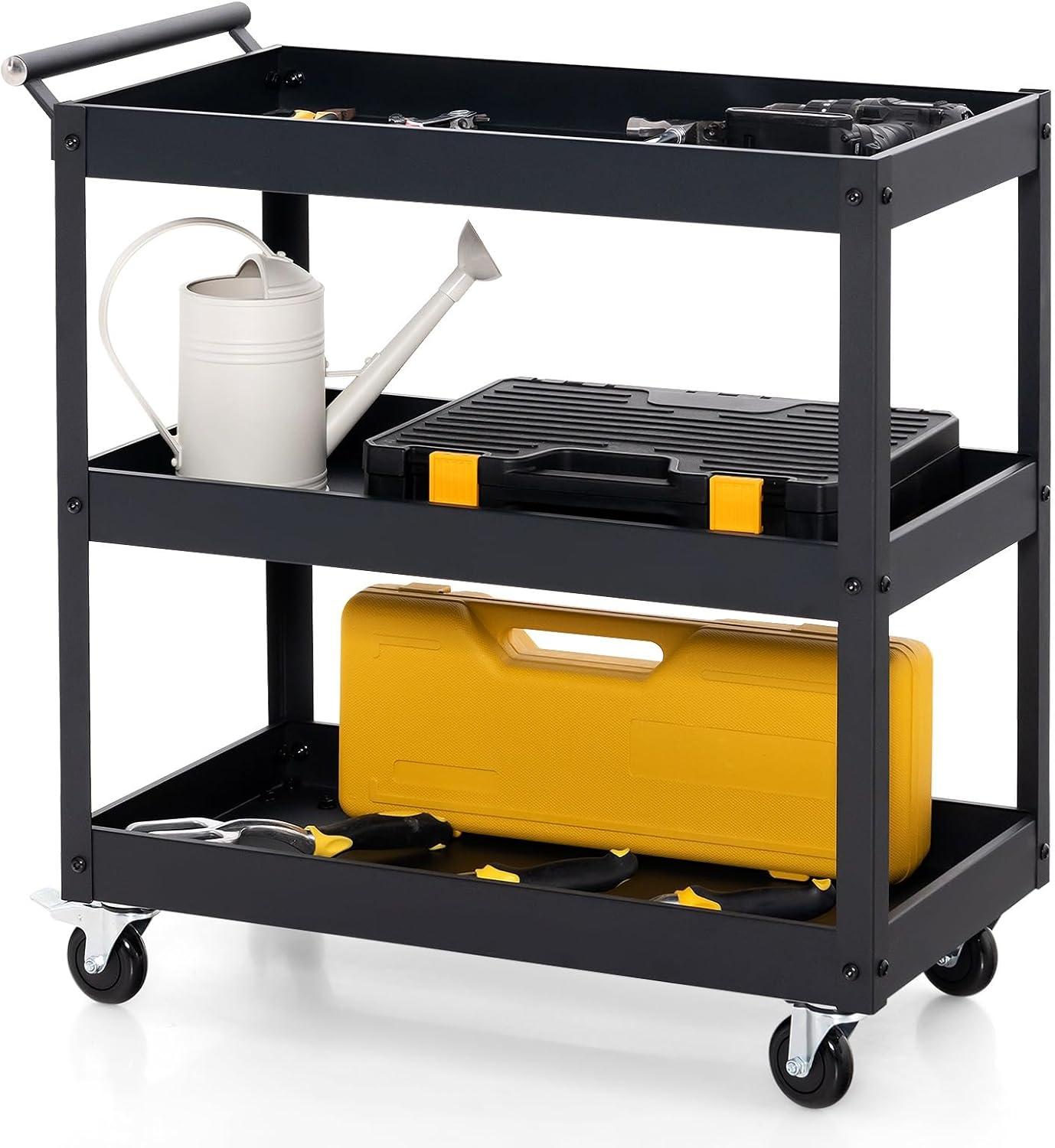 3-Tier Utility Cart, Heavy Duty Commercial Service Tool Cart w/Lockable Wheels, 330lbs Load Capacity, Ergonomic Handle, Rolling Mechanic Tool Cart Storage Organizer for Warehouse Garage Black