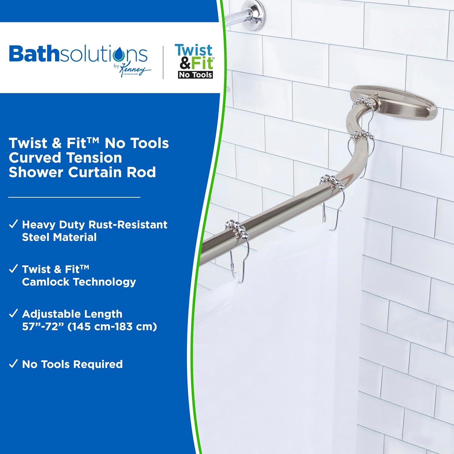 Kenney® Twist & Fit™ No Tools Curved Rust-Resistant Painted Steel Tension Shower Curtain Rod, 57-72", Brushed Nickel