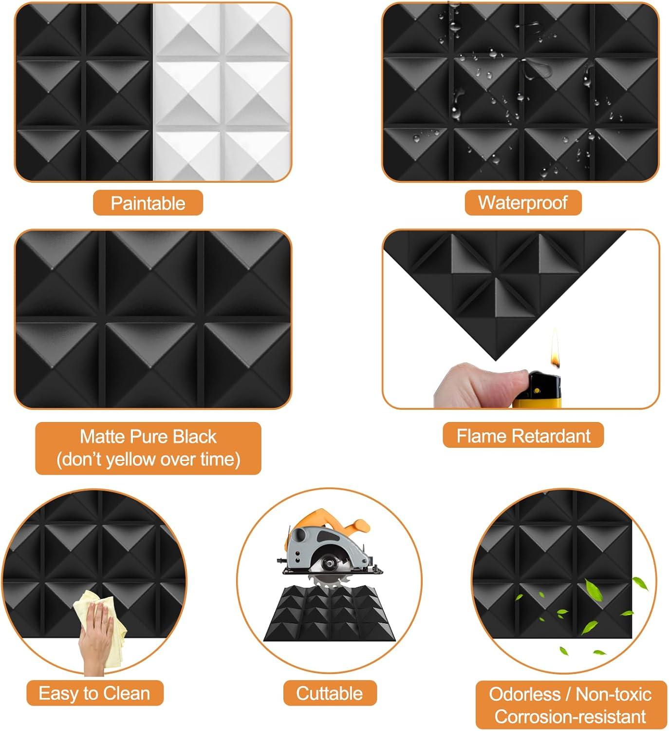 TroyStudio Acoustic Sound Diffuser Panels, 12 X 12 X 1 inches 8 Pcs PVC Plastic Wall Panel, Recording Studio Acoustical Treatments Diffusion Panel, 3D Art Decorative Ceiling Tiles (Pyramid, Black)