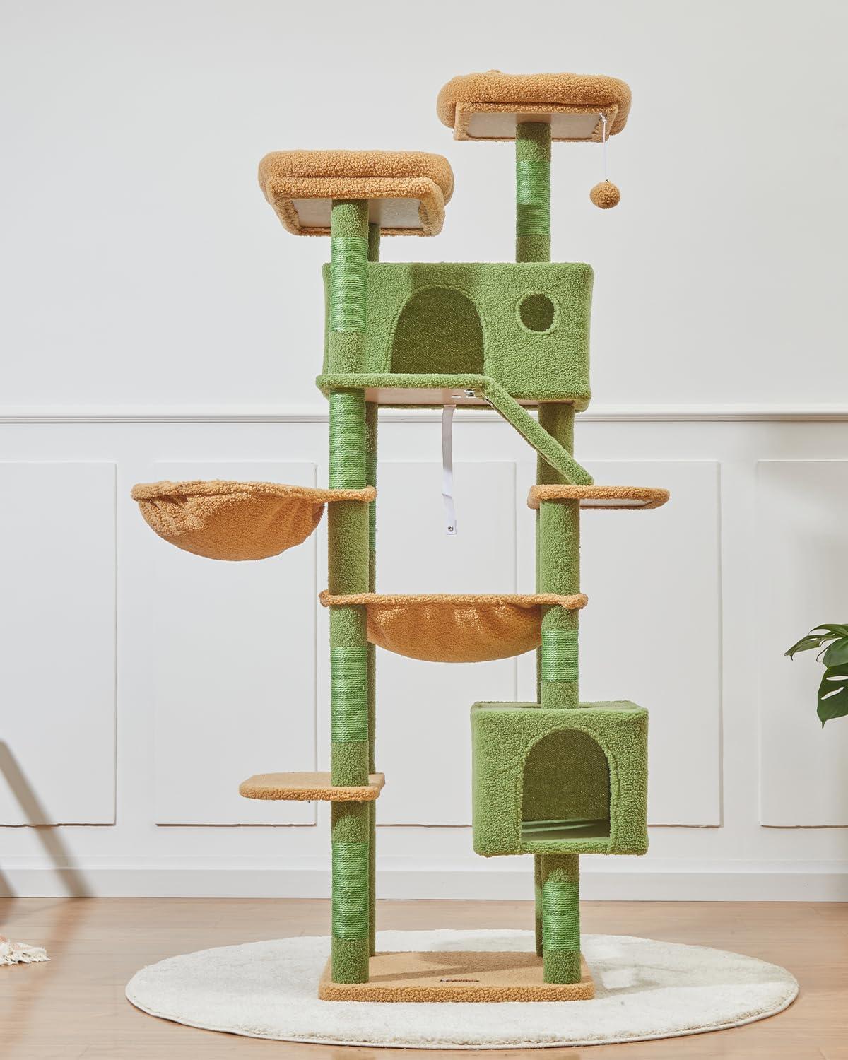 71-Inch Large Cat Tree For Large Cats Plush Multi-Level Cat Condo With 8 Scratching Posts 2 Perches Cave Hammock 2 Pompoms Scratch Board