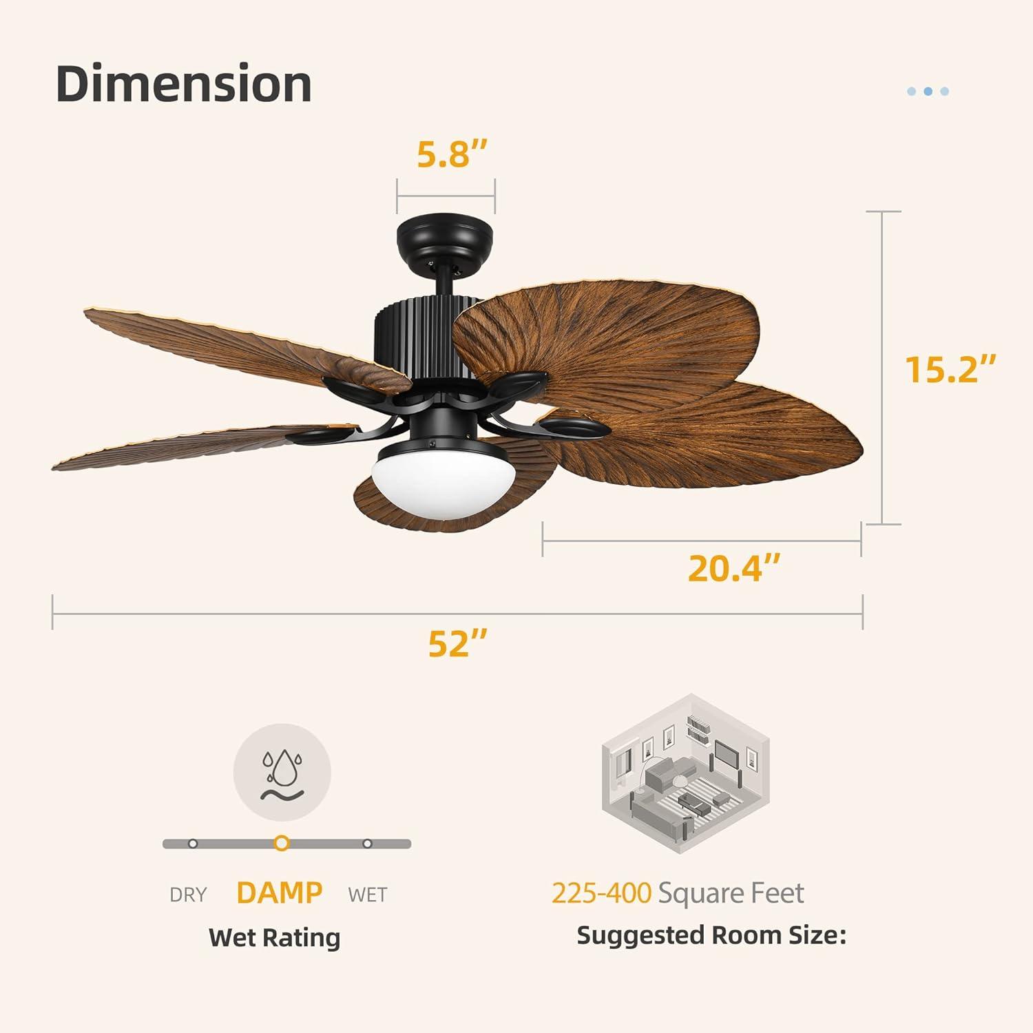 52 Inch Black and Brown Tropical Ceiling Fan with LED Light and Remote