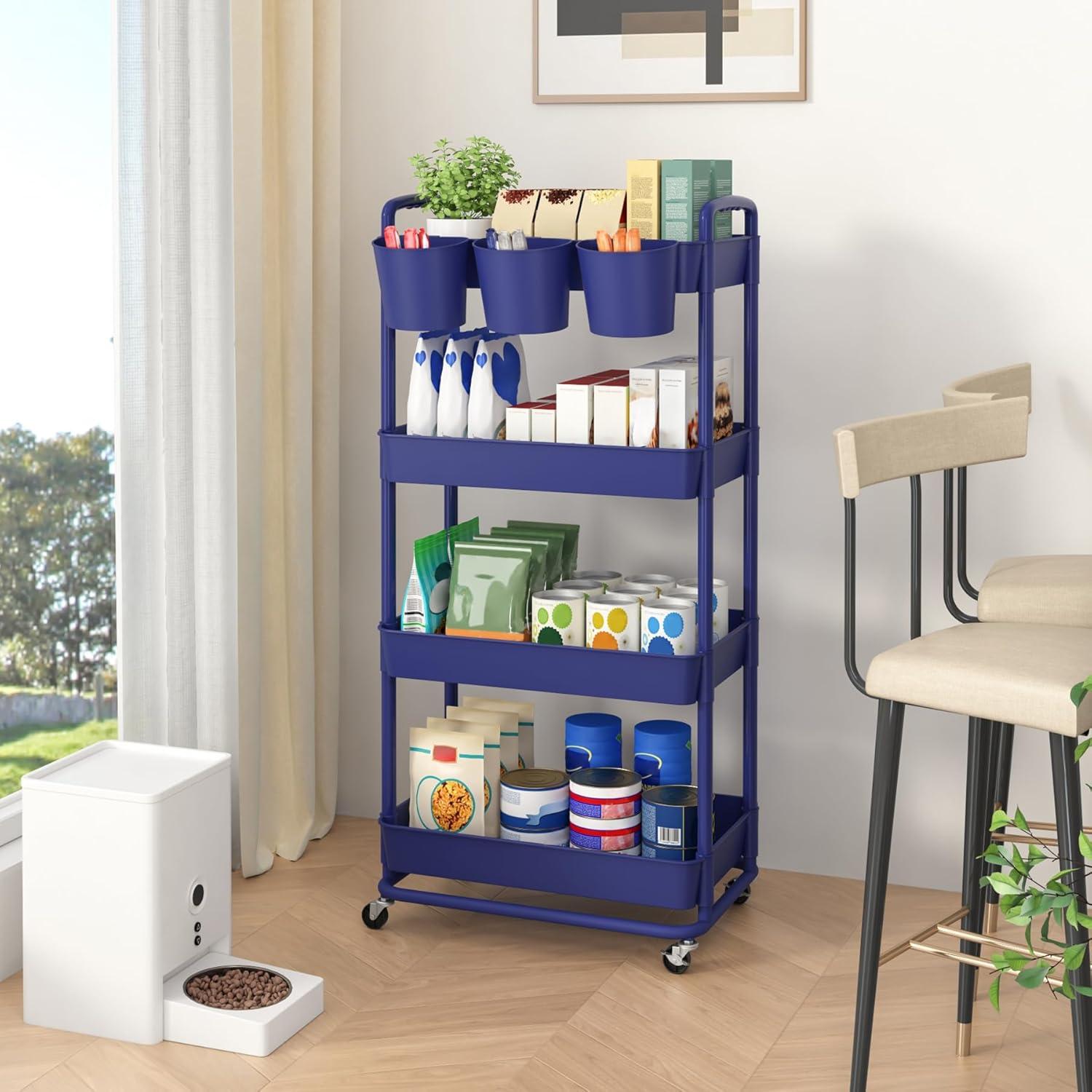 White 4-Tier Plastic Rolling Storage Cart with Lockable Wheels