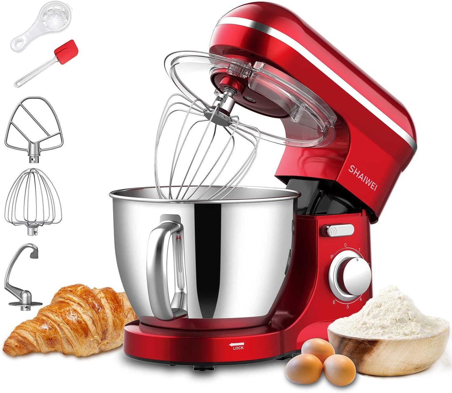 Honinst 6.5 qt Stand Mixer, Red with Dough Hook, Whisk, Beater, Bowl