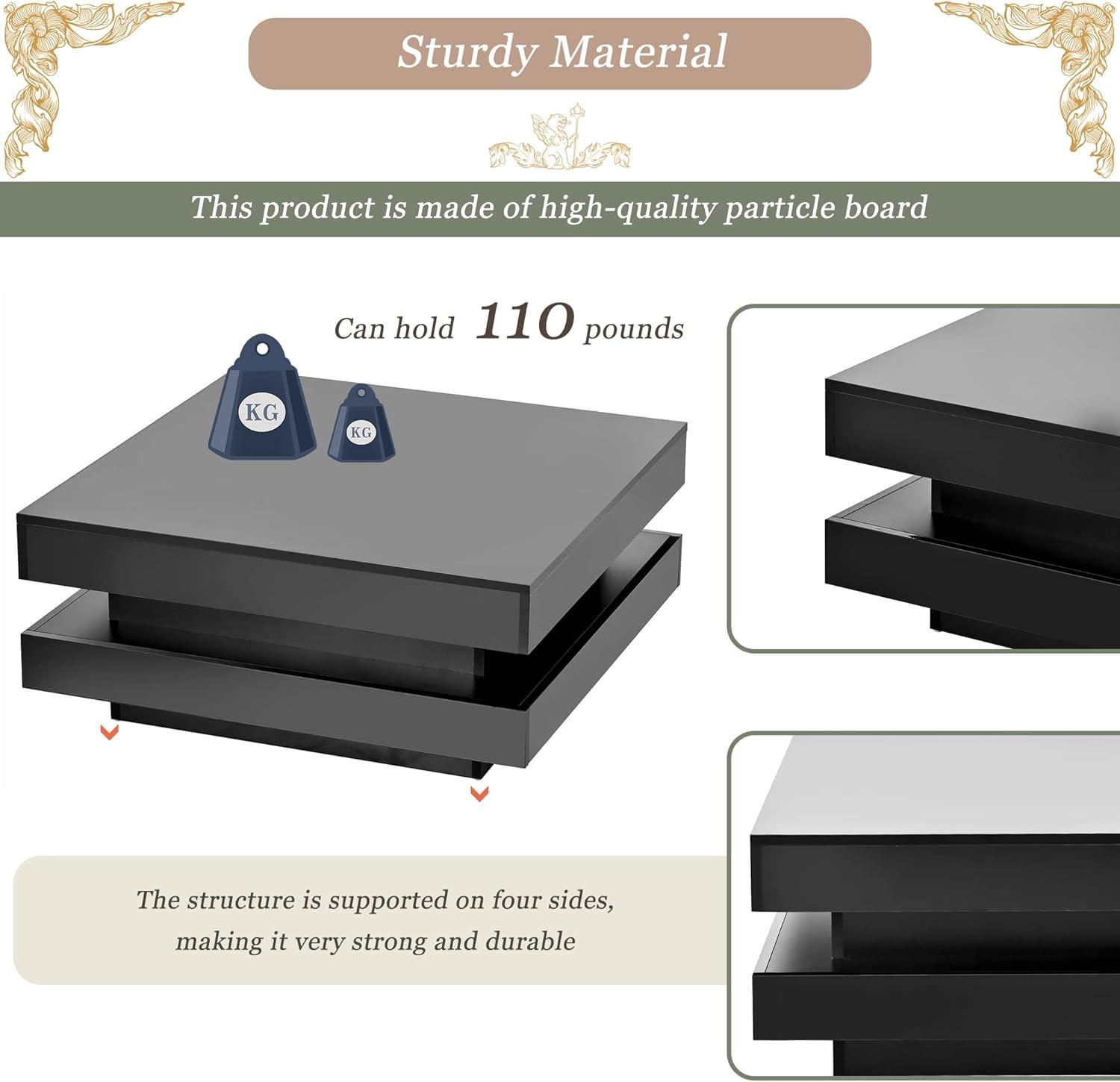 Modern Coffee Table, 2-Tier Square Coffee Table with Plug-in 16-Color LED Lights, High Gloss Coffee Table, Center Table for Living Room, 31.5”x31.5”x14.2”, Black