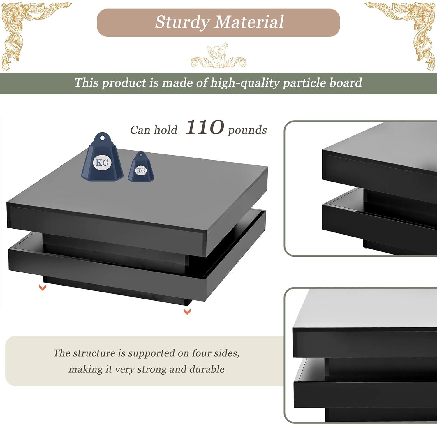 Modern Coffee Table, 2-Tier Square Coffee Table with Plug-in 16-Color LED Lights, High Gloss Coffee Table, Center Table for Living Room, 31.5”x31.5”x14.2”, Black