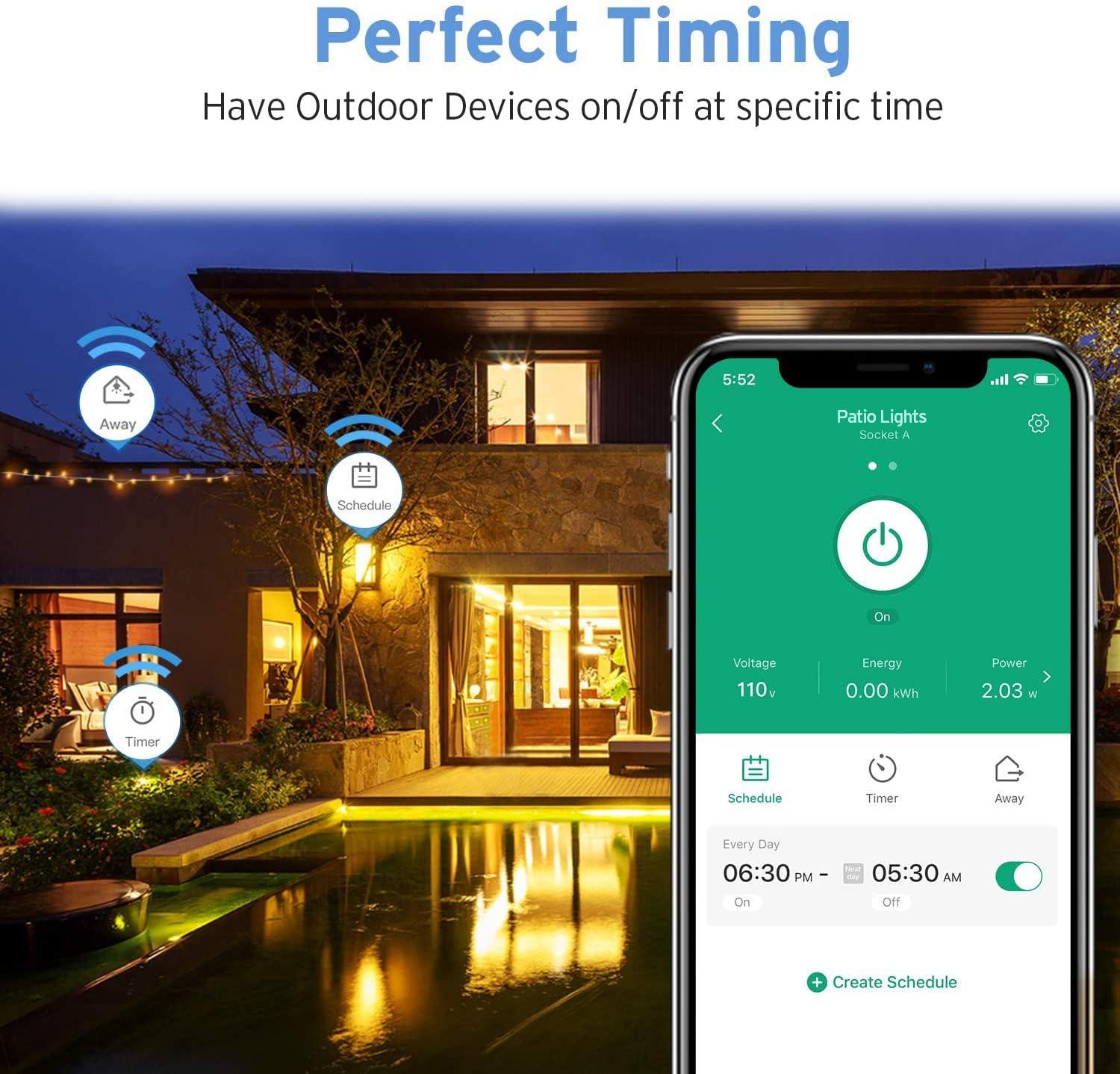 Etekcity ESO15-TB Outdoor Smart Plug WiFi Outlet with 2 Sockets, Works with Alexa & Google Home, Wireless Remote Control, Energy Monitoring & Timer Function, Waterproof, FCC and ETL Listed, Black