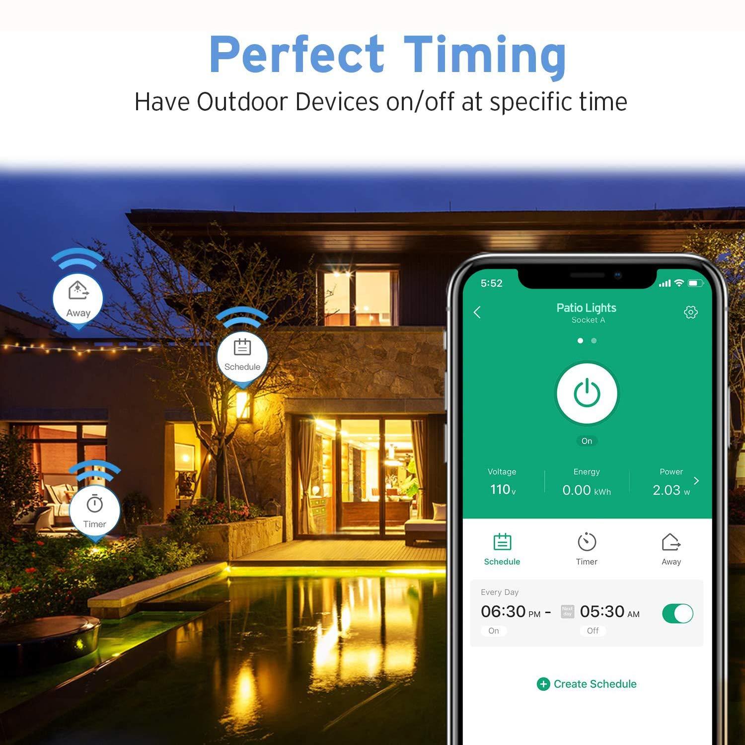 Etekcity ESO15-TB Outdoor Smart Plug WiFi Outlet with 2 Sockets, Works with Alexa & Google Home, Wireless Remote Control, Energy Monitoring & Timer Function, Waterproof, FCC and ETL Listed, Black
