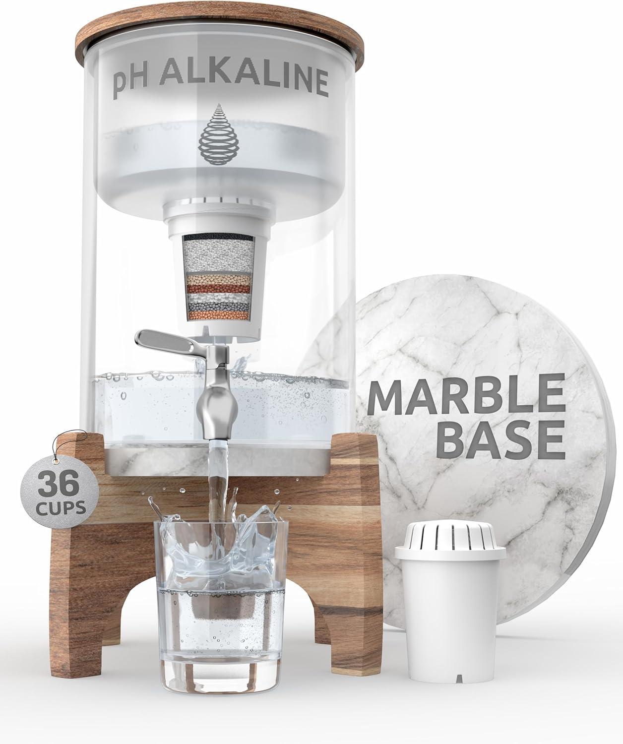 Invigorated Water pH Recharge Alkaline Water Filter Dispenser – BPA-Free Glass Countertop Water Filter Pitcher Purifier for Home & Office, 36-Cup Capacity, 360L Long Filter Life (Bamboo/Marble)