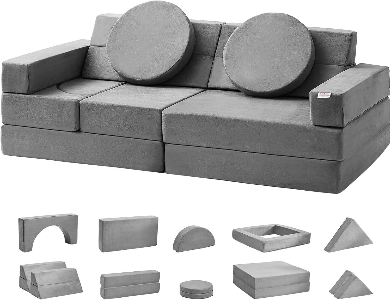 HCY Play Couch, Modular Kids Nugget Couch 15pcs, Toddler Foam Sofa Couch with High-density 25D Sponge for Playing, Creating, Sleeping, Imaginative Kids Furniture for Bedroom and Playroom