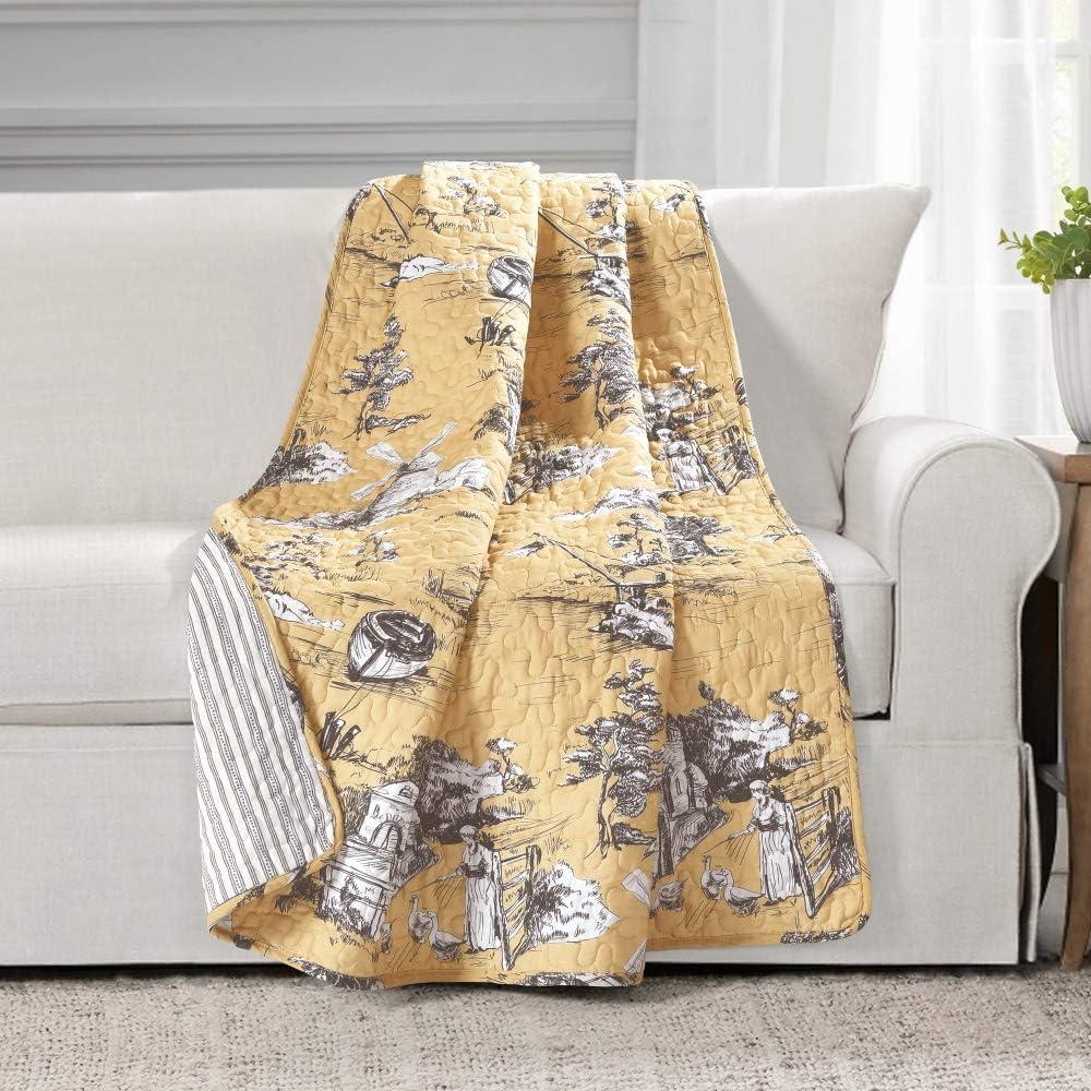 Lush Decor French Country Toile Cotton Reversible Single Throw Yellow/Gray 50X60