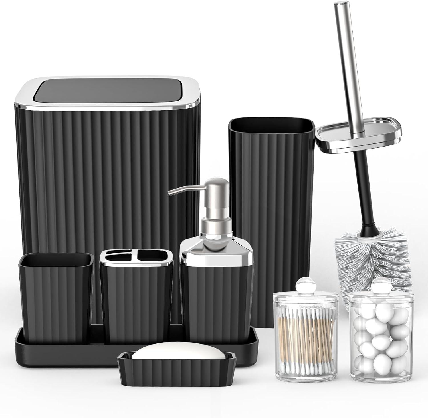 Black Plastic 9-Piece Bathroom Accessory Set with Chrome Accents