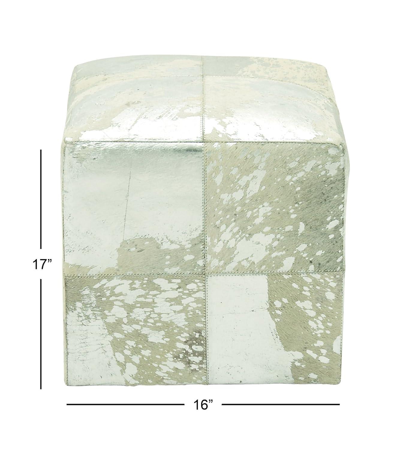 DecMode 16" x 17" White Leather Handmade Stool with Silver Foil Paint, 1-Piece