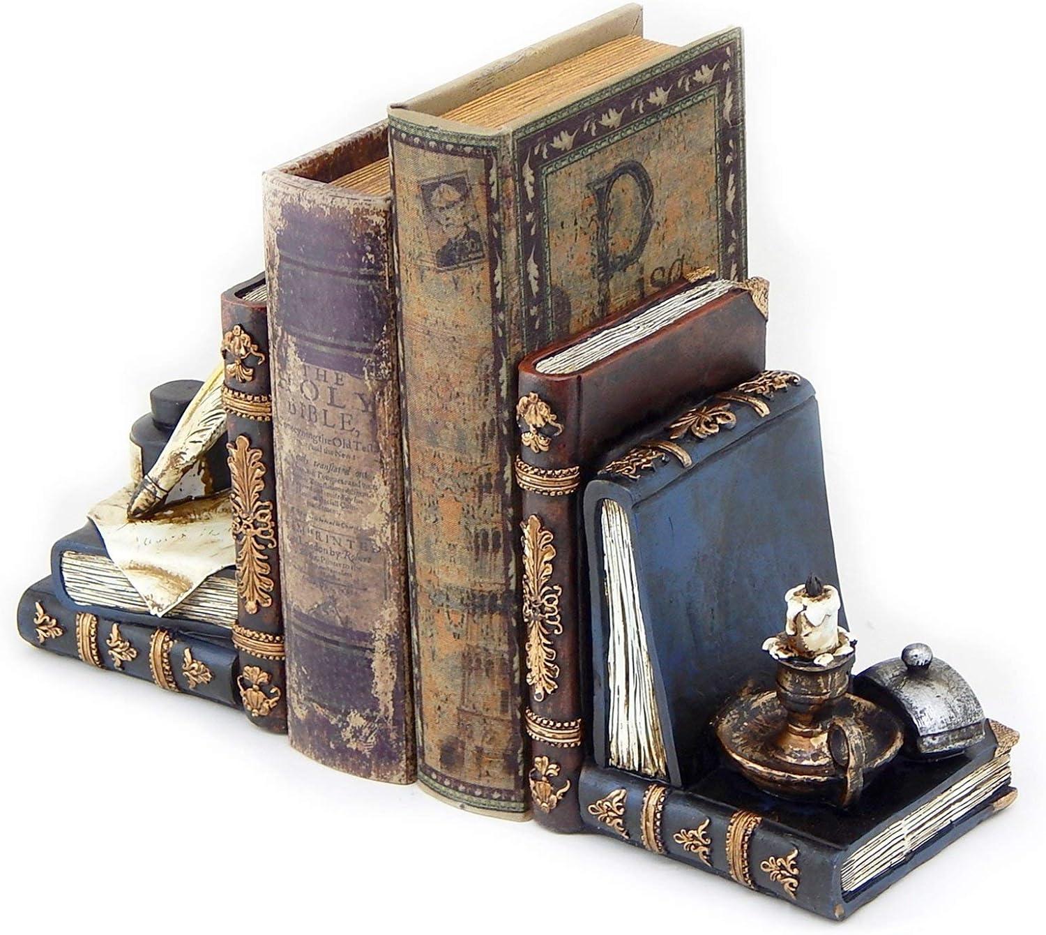 Bellaa 26324 Vintage Bookends Wizard Feather Quill Pen and Ink Bottle with Oil Lamp Antique Style Farmhouse Cottage Lodge Magic Home Decor