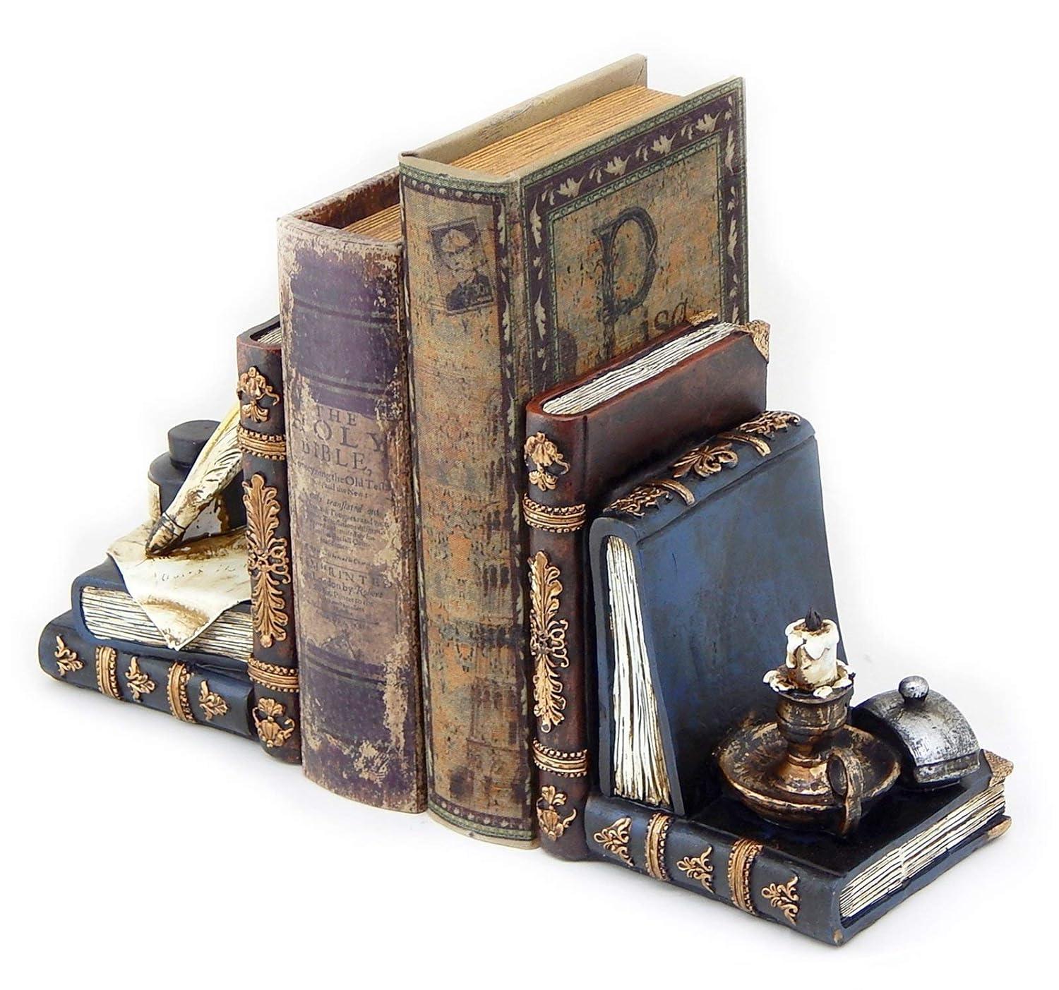 Bellaa 26324 Vintage Bookends Wizard Feather Quill Pen and Ink Bottle with Oil Lamp Antique Style Farmhouse Cottage Lodge Magic Home Decor