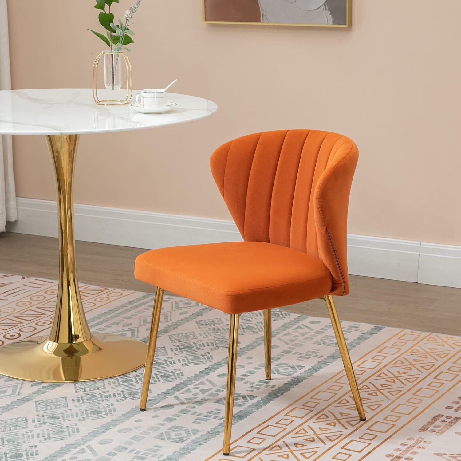 Velvet Dining Chairs Set of 2 Upholstered Side Chairs Accent Home Kitchen Tufted Metal Legs Living Room Orange