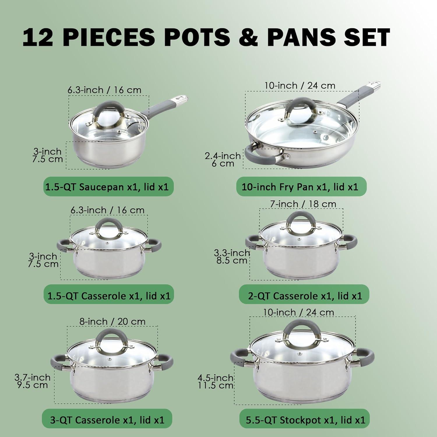Cooks Standard 12 Piece Stainless Steel Cookware Set, Silicone Handle