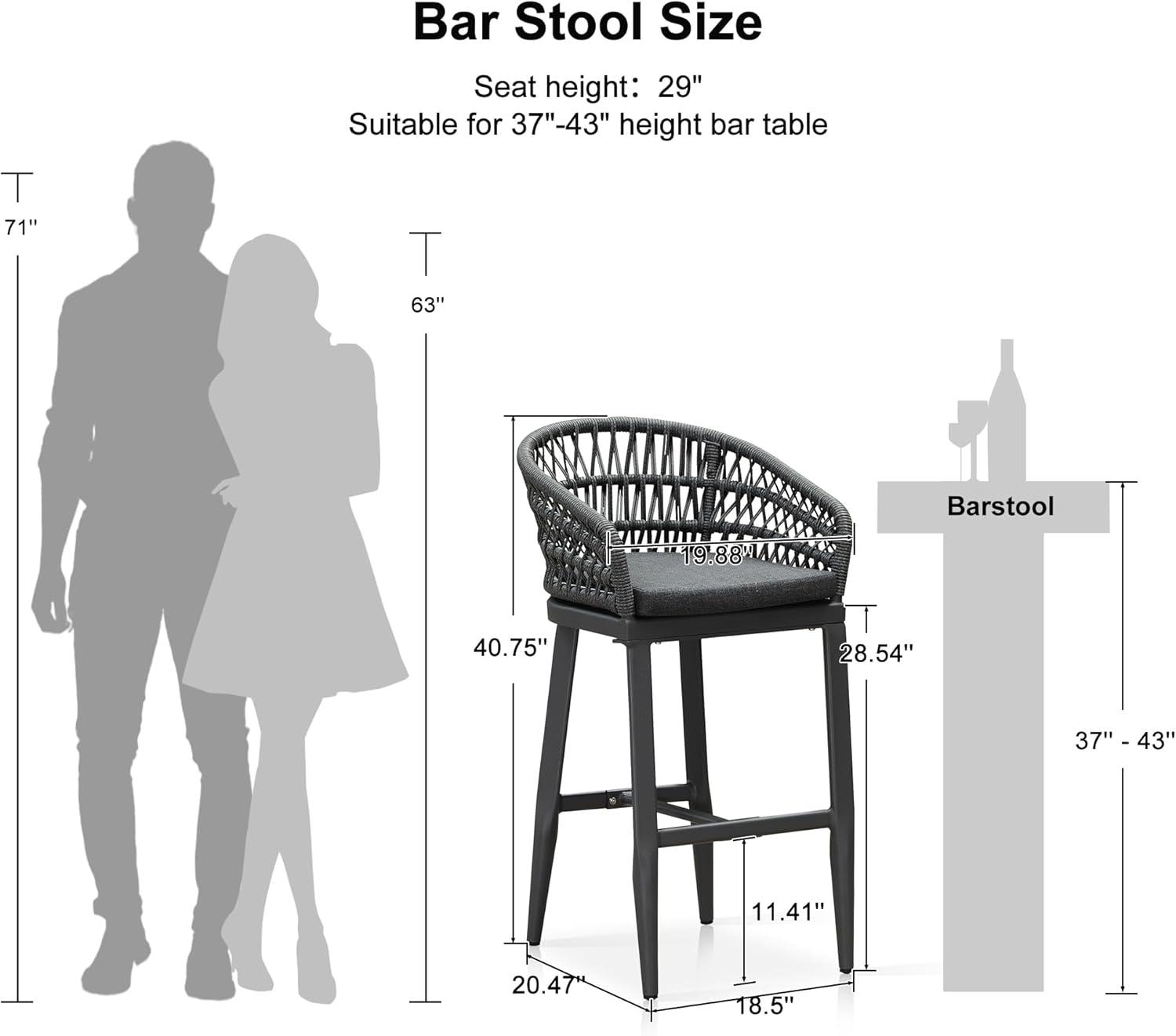 PURPLE LEAF Outdoor Rattan 29" Bar Stools Set of 2, Modern Boho Aluminum Patio Bar Height Chair with Cushion and Back for Outdoor and Indoor, Grey