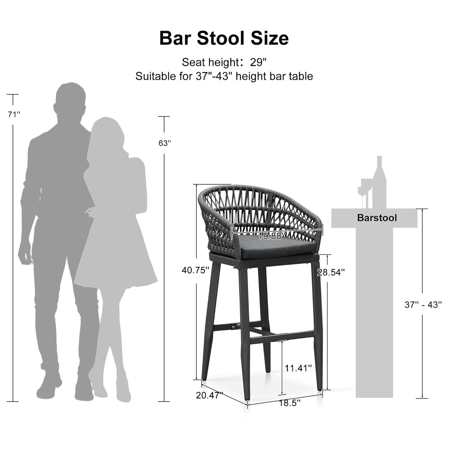 PURPLE LEAF Outdoor Rattan 29" Bar Stools Set of 2, Modern Boho Aluminum Patio Bar Height Chair with Cushion and Back for Outdoor and Indoor, Grey