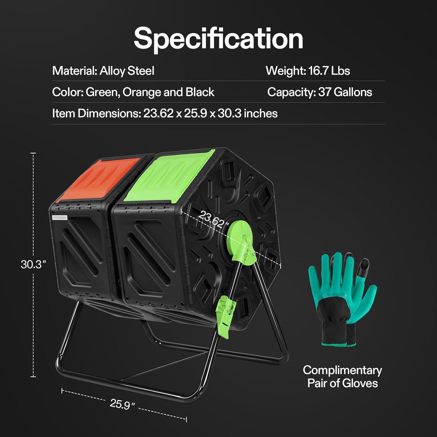 Dual Chamber Black and Green Heavy-Duty Compost Tumbler